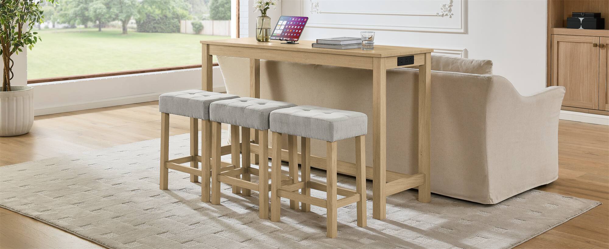 Alt View 1. APRILSOUL - 59 Inch Bar Table Dining Table Sofa Table Power Outlet 3 Upholstered Stools 4 Piece Set - White.