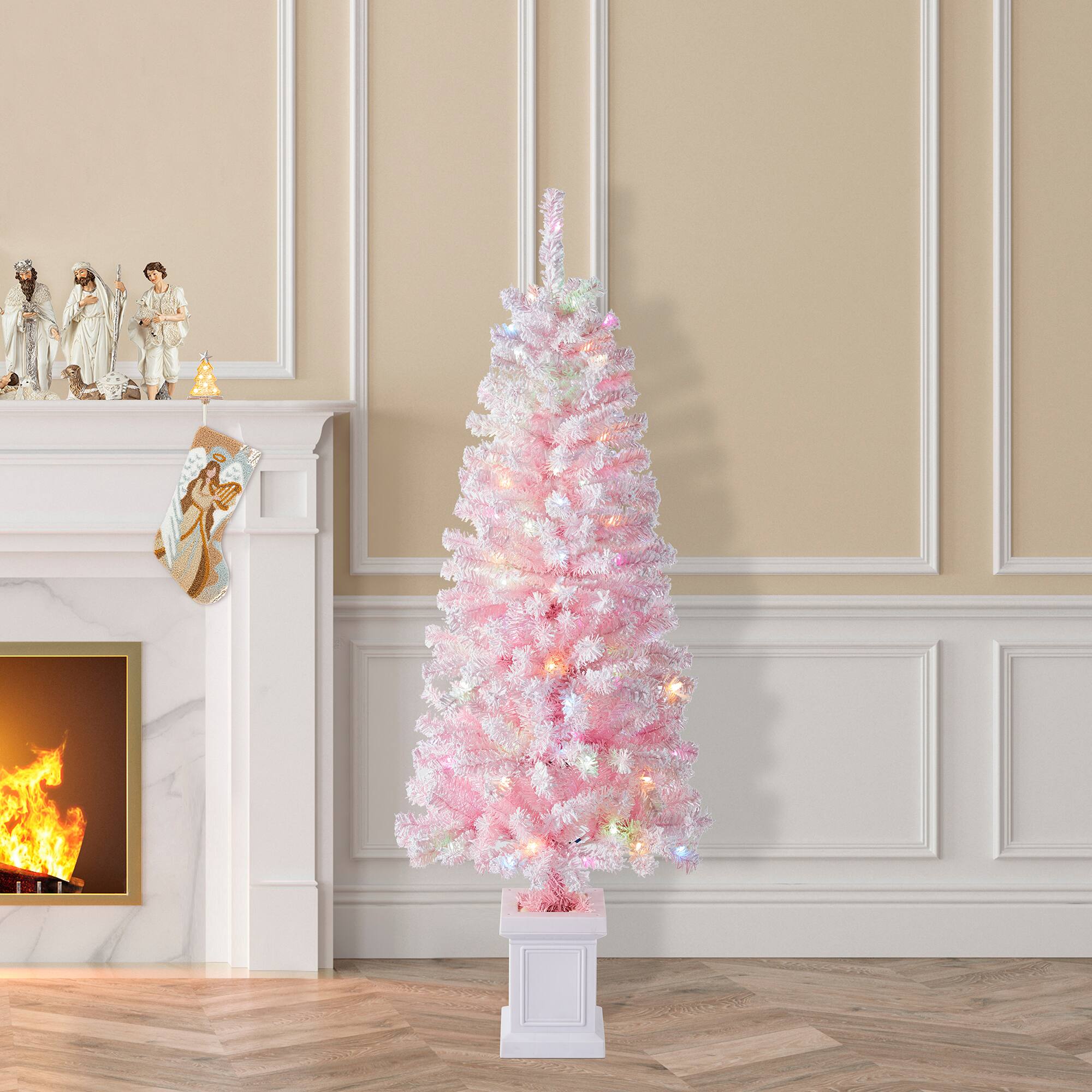 Alt View 6. Glitzhome - 5ft Pre-Lit Flocked Pink Artificial Christmas Porch Tree, 130 white/multi-color LED Lights,8 function, Foot Pedal - White.