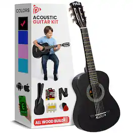 Pyle - 30-Inch Beginner Acoustic Guitar Kit, 6-String Classical Style Travel Guitar for Kids & Adults - Black