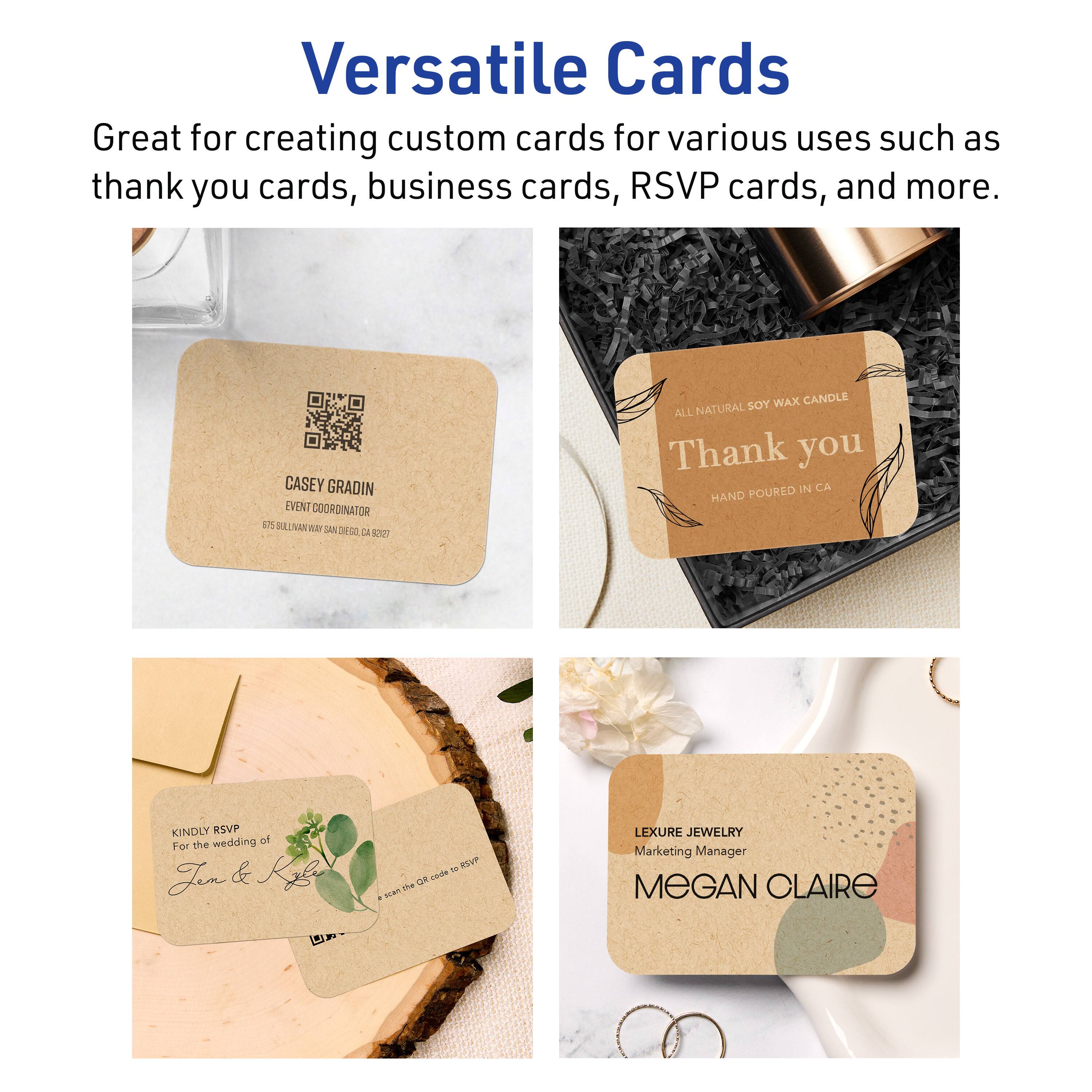 Versatile Cards

Great for creating custom cards for various uses such as thank you cards, business cards, RSVP cards, and more.

CASEY GRADIN  
EVENT COORDINATOR  
675 SULLIVAN WAY, SAN DIEGO, CA 92107

ALL NATURAL SOY WAX CANDLE  
Thank you  
HAND POURED IN CA

KINDLY RSVP  
For the wedding of  
Jen & Kgb  
*Scan the QR code to RSVP*

LEXURE JEWELRY  
Marketing Manager  
MEGAN CLAIRE