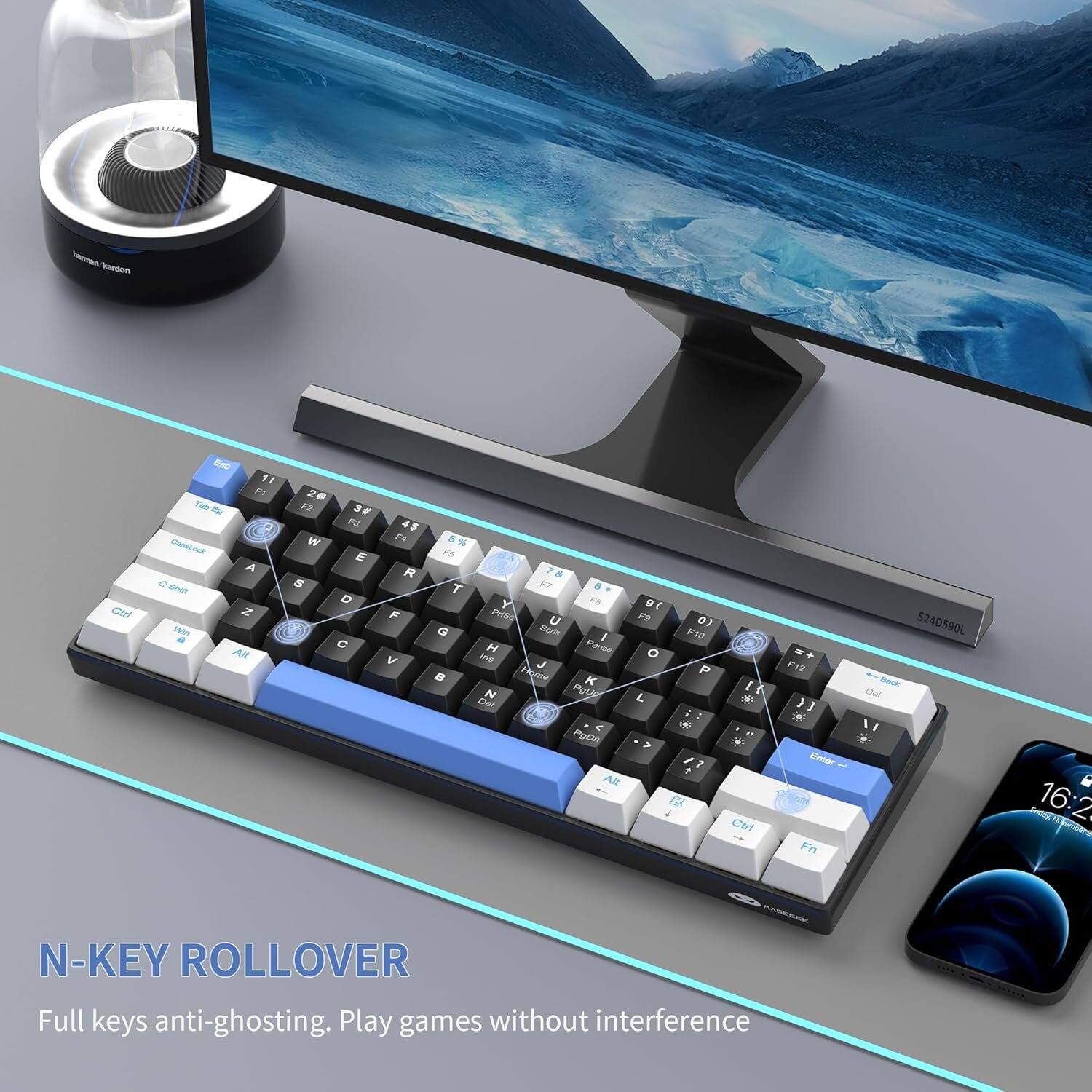 I kardon  
Ctrl  
Tab CapeLock Shit Win a  
11 F1 A Z Alt  
20 3# F3 4$ W F4 E R S D F C V  
5% F5 & T F7  Y F6 PreSe U G Scrik I H Pause ins J  Home K N PgU Del PgDn Alt  
9( FB o L  
0) F10 P ?  
[ * Ctrl  
F12 } 1 * Enter Fn  
Del  
S24D590L  
Fiday. 16:2,  
N-KEY ROLLOVER Full keys anti-ghosting. Play games without interference