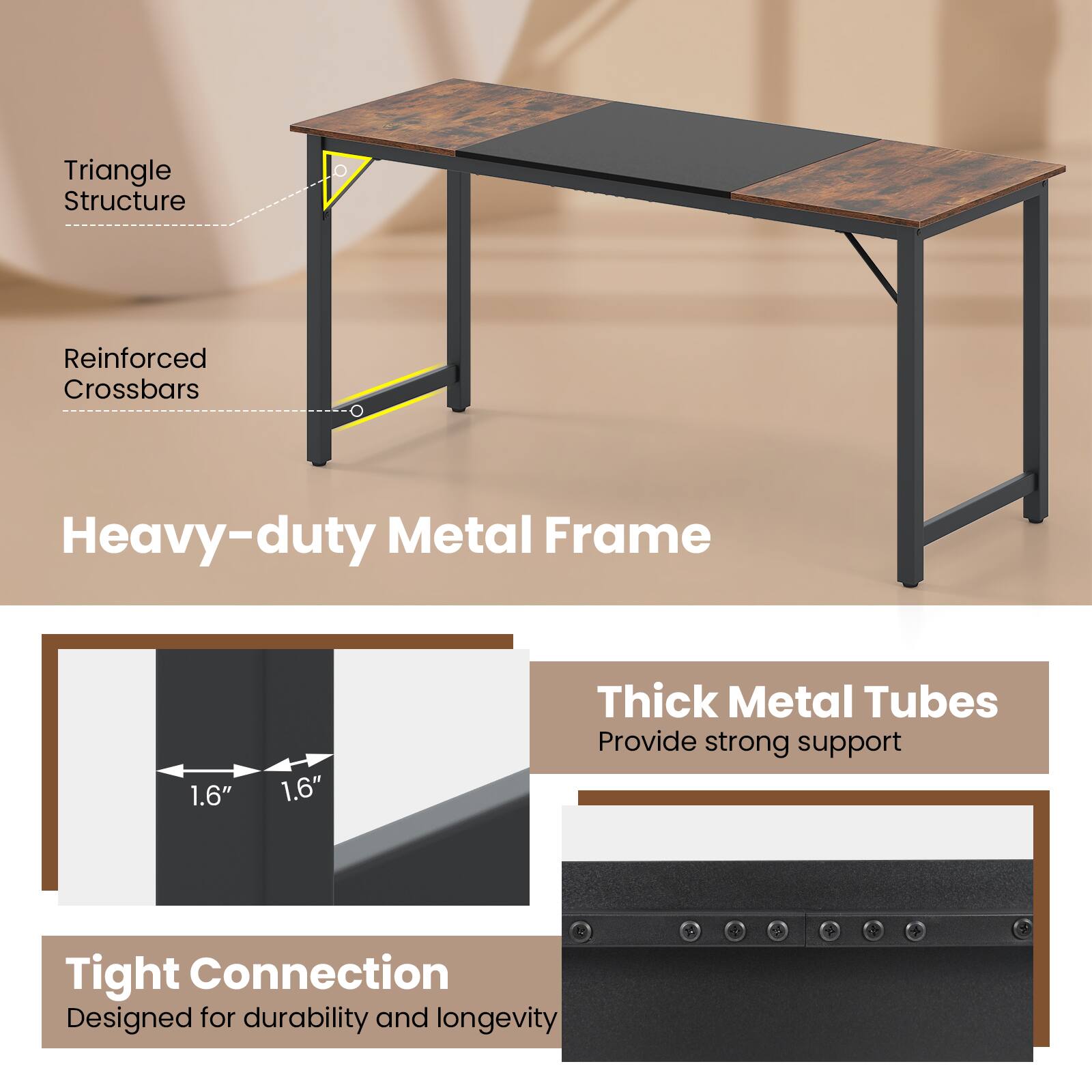 Heavy-duty Metal Frame, Triangle Structure, Reinforced Crossbars, Thick Metal Tubes, Tight Connection, Provide strong support, Designed for durability and longevity
