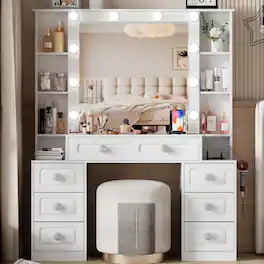 Loheer - makeup vanity desk with mirror and lights, Vanity Table with Seven Drawers - White