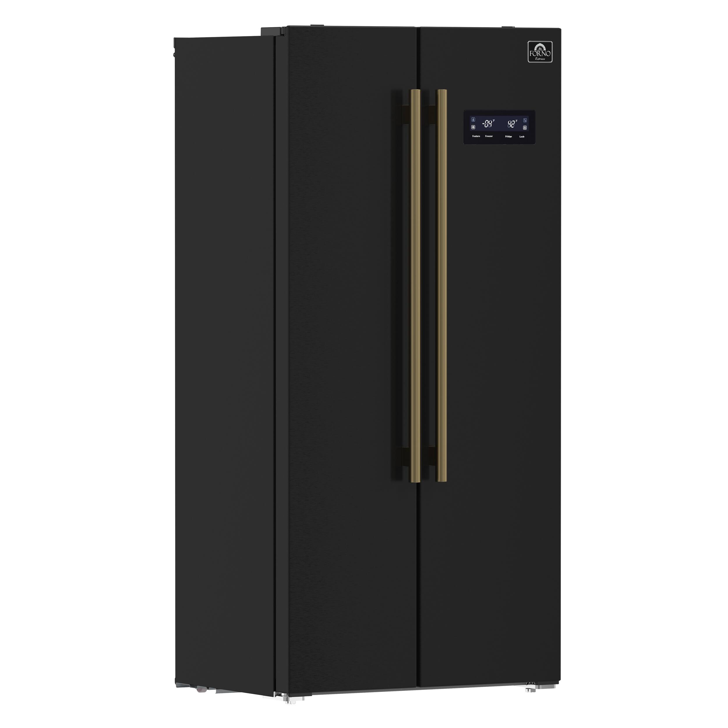 Angle. Forno Appliances - Salerno 15.6 Cu. Ft. Freestanding Side-by-Side Refrigerator with Customizable Handles in Antique Brass - Black.