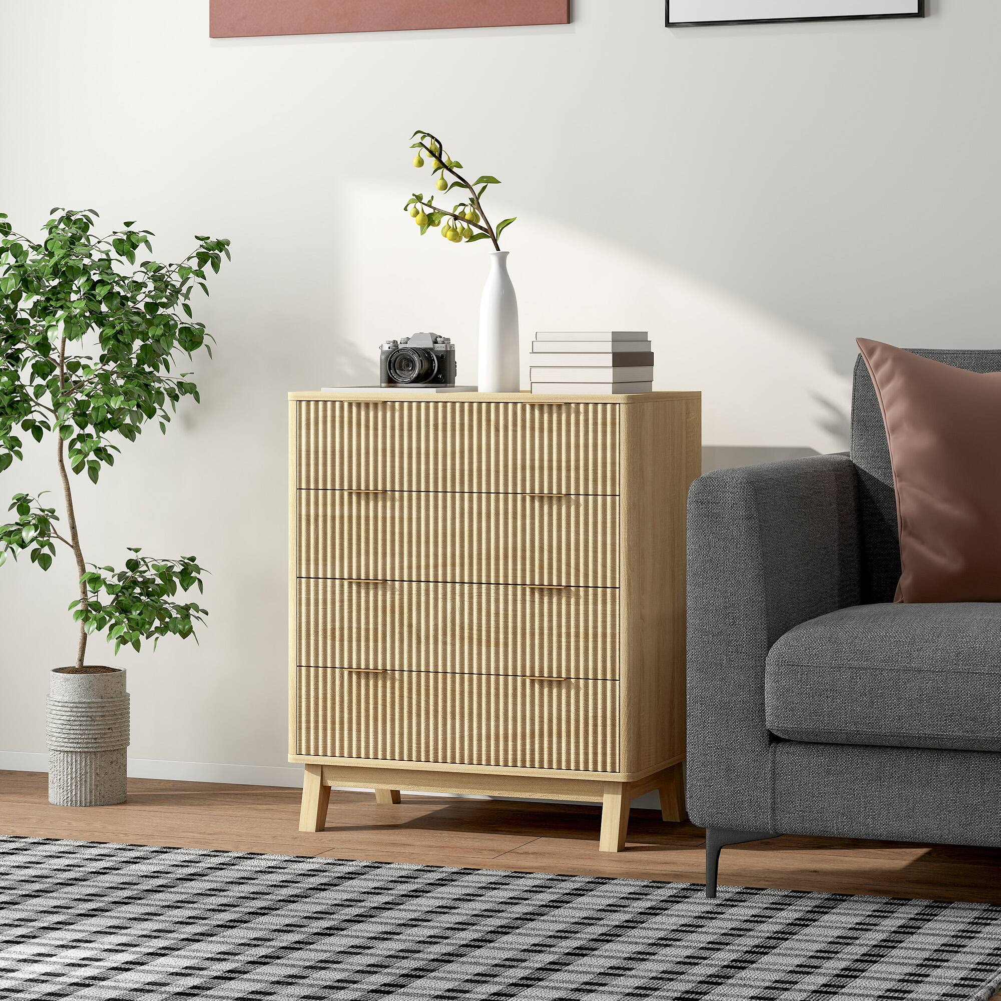 Alt View 1. Homcom - Drawer Double Dresser for Bedroom, Fluted Chest of Drawers with Gold Finger Pulls and 4 Wood Legs - Natural Wood.