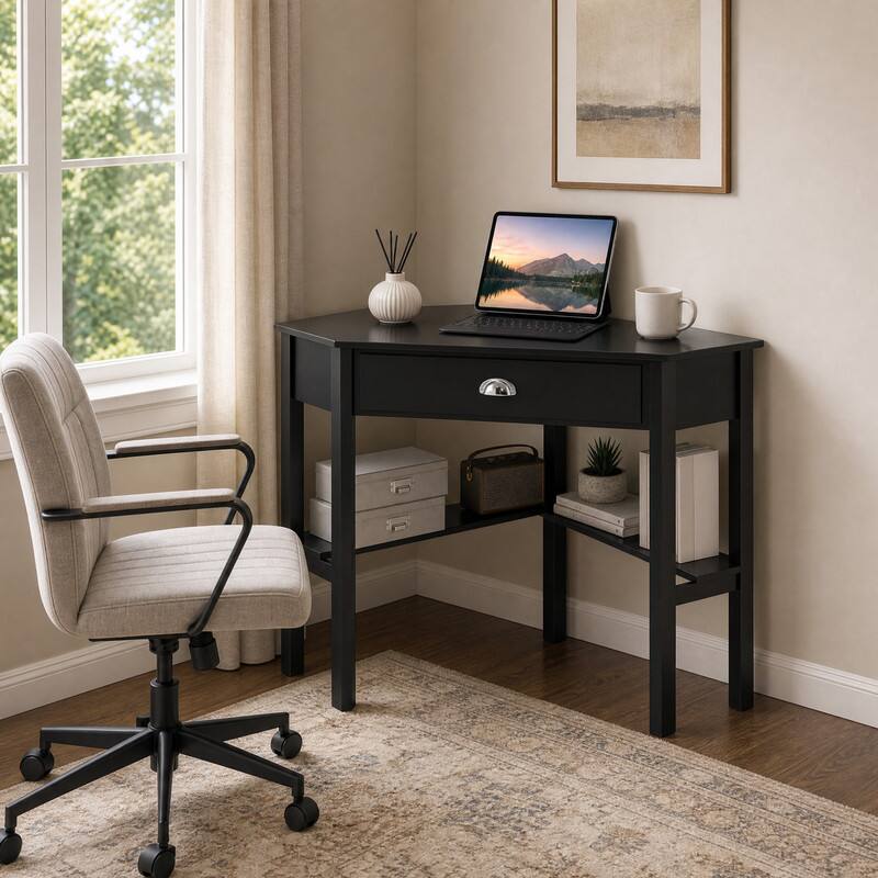 Angle. WELLFOR - Corner Computer Desk with Drawer, Space-Saving Triangle Home Office Desk Study Workstation - Black.