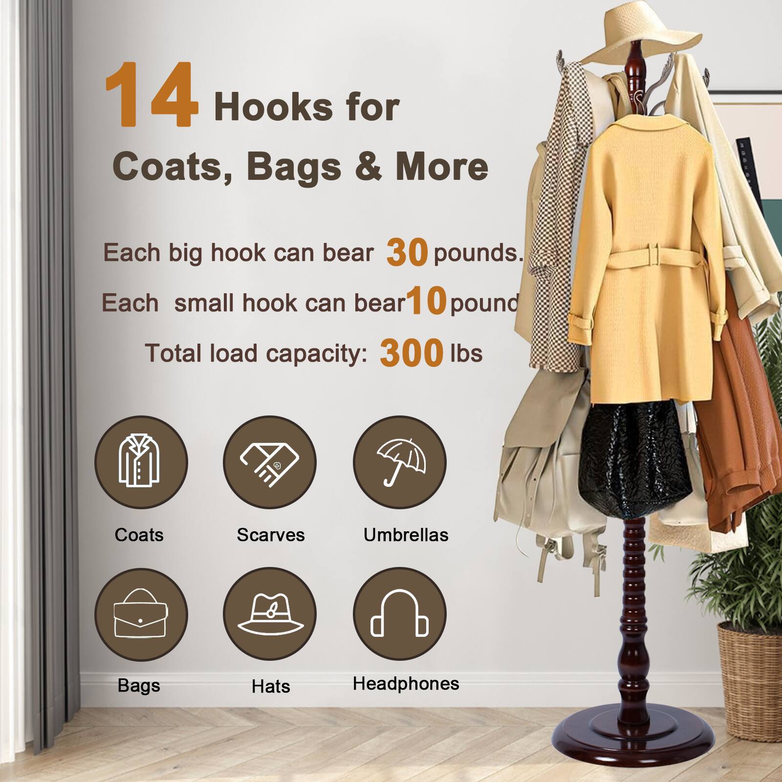 Alt View 1. Chateau Abodes - Solid Wood Coat Rack, Free Standing Hall Coat Tree with 14Hooks, 3 Height Options, 300lbs Load, Stury Base - Metal Phoenix Hook.