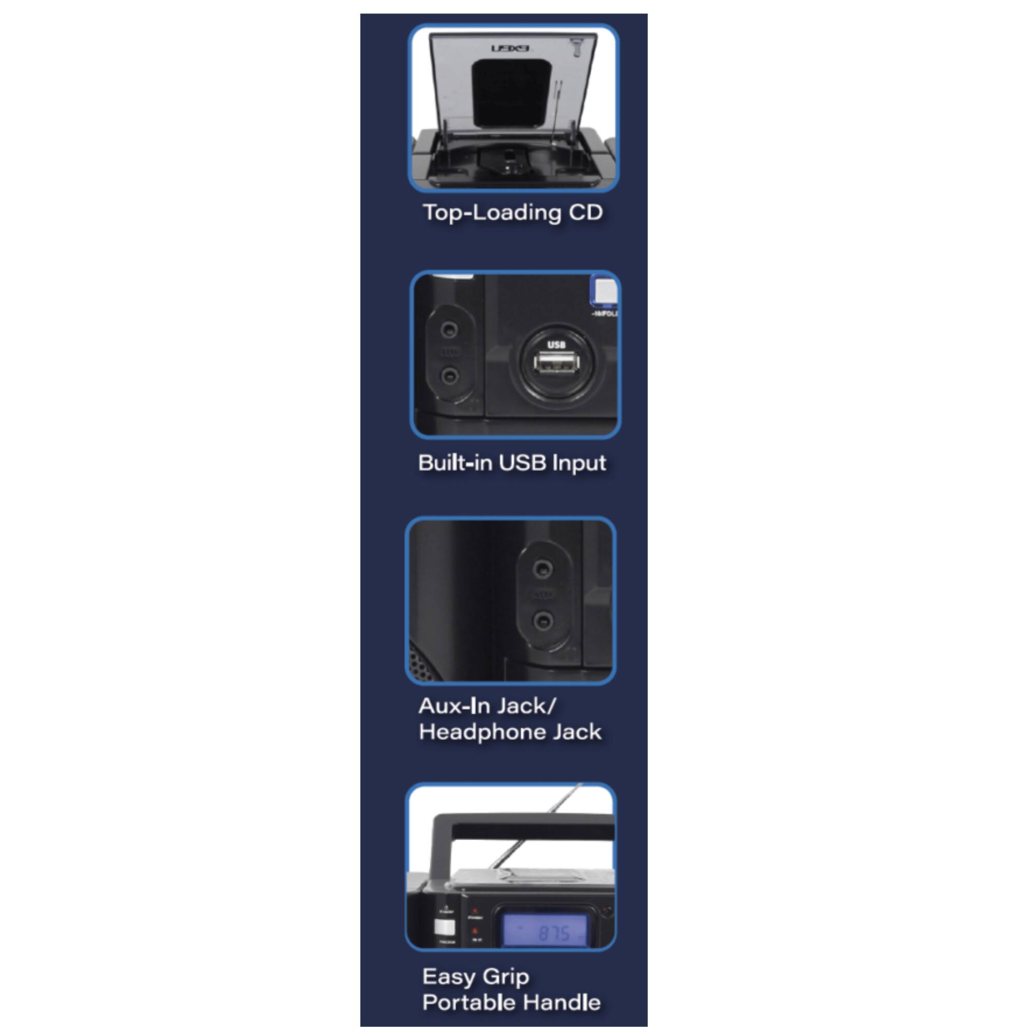 LEDOS Top-Loading CD - USA Built-in USB Input Aux-In Jack/ Headphone Jack 8 75 Easy Grip Portable Handle
