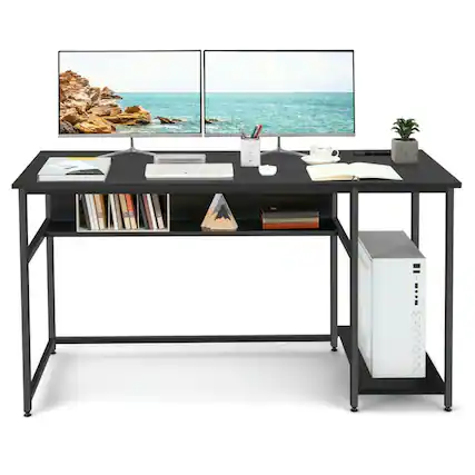 Front. Pefilos - 55 Inch Computer Desk with Power Outlets & USB Ports for Home & Office-Black, Office Desk, Desks, Working, Writing - Black.