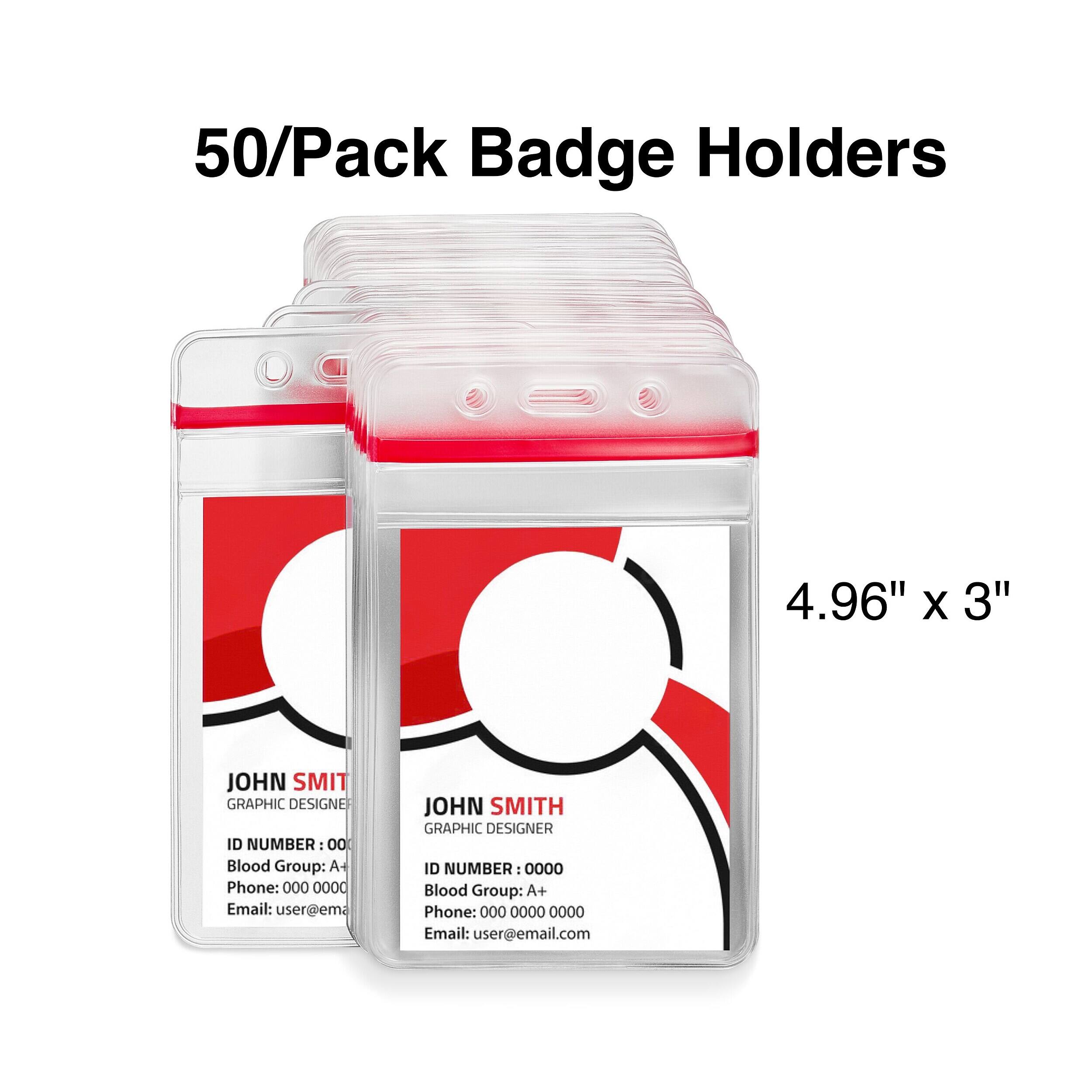50/Pack Badge Holders  
4.96" X 3"  

JOHN SMITH  
GRAPHIC DESIGNER  
ID NUMBER: 0000  
Blood Group: A+  
Phone: 000 0000 0000  
Email: user@email.com