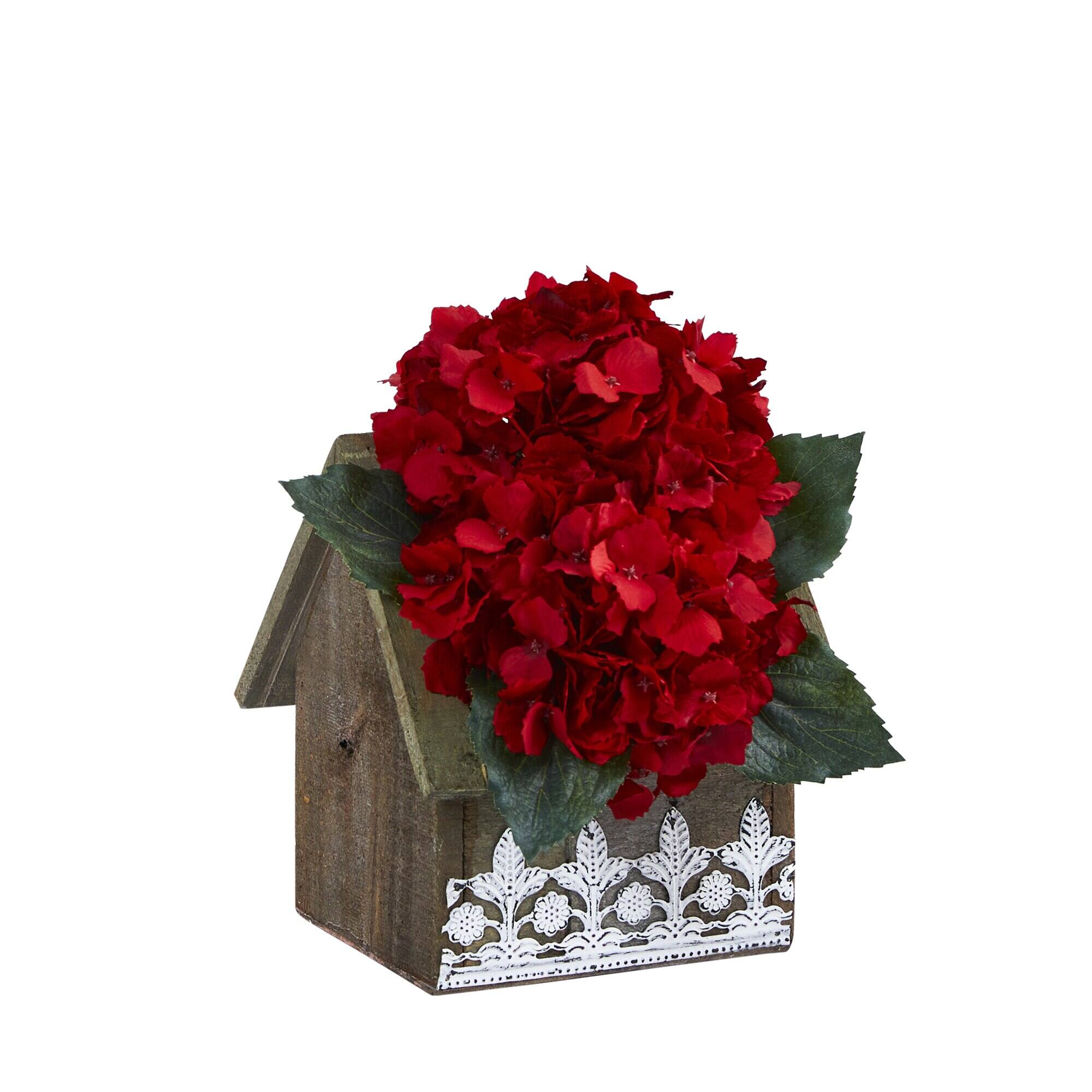 Left. BreeBe - 10" Hydrangea Arrangement in Hanging Design House Planter - Red.