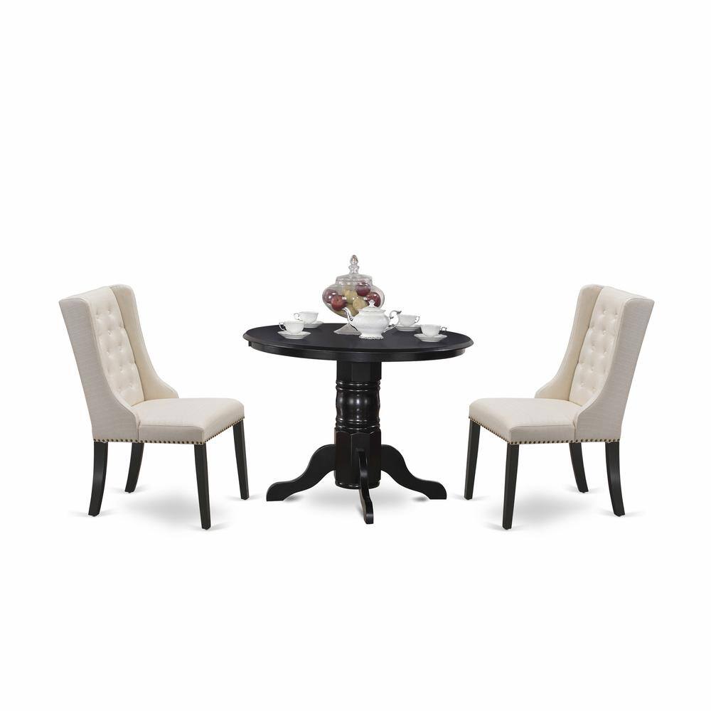 Left. East West Furniture - East West Furniture SHFO3-BLK-01 3-Pc Dinette Room Set Includes 1 Pedestal Dining Table and 2 Cream Linen Fabric Dining - Black.