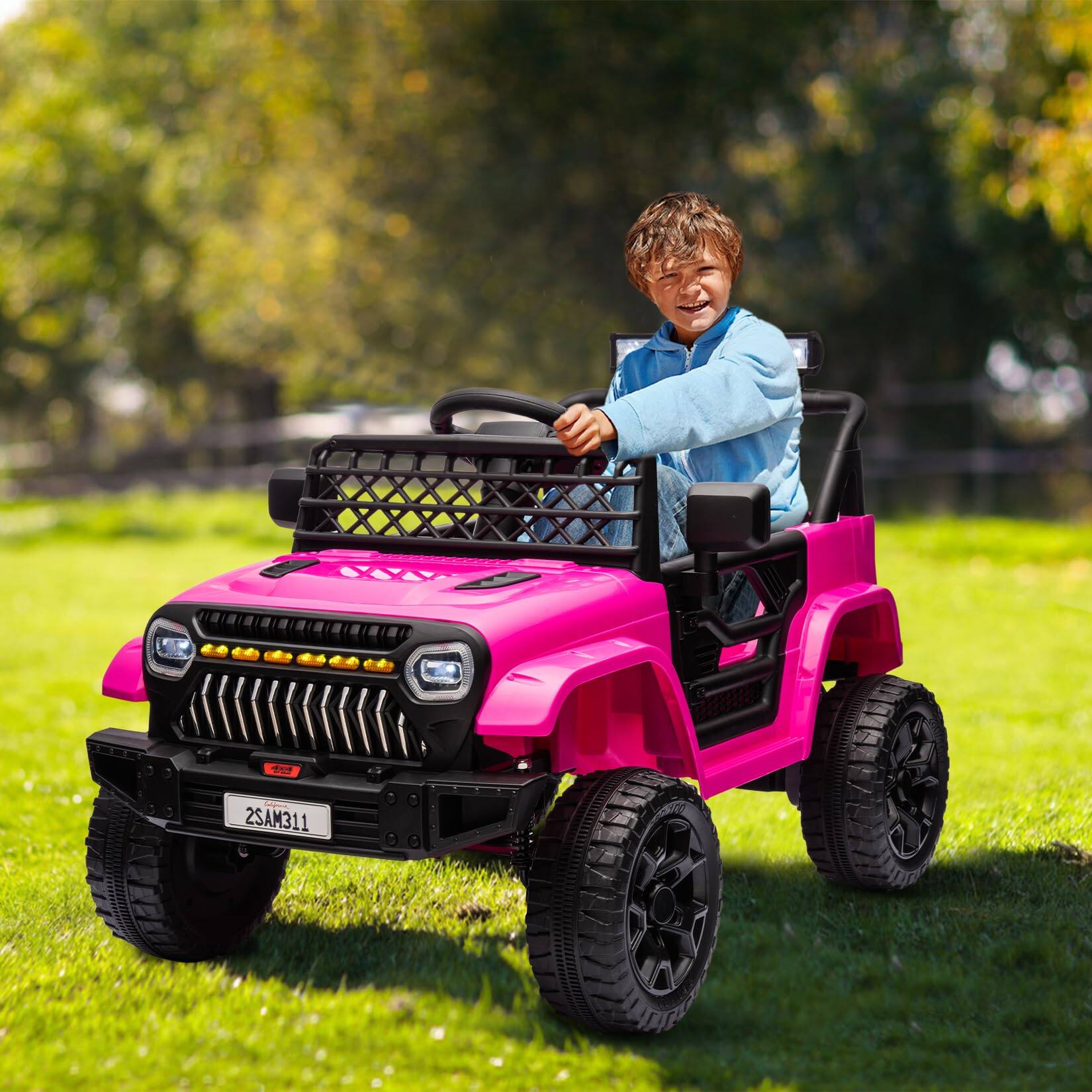Alt View 6. GARVEE - 12V Kids Ride-On Truck, Electric Vehicle with Remote Control, 4-Wheel Suspension, LED Lights, Music, Battery Display - Rose.