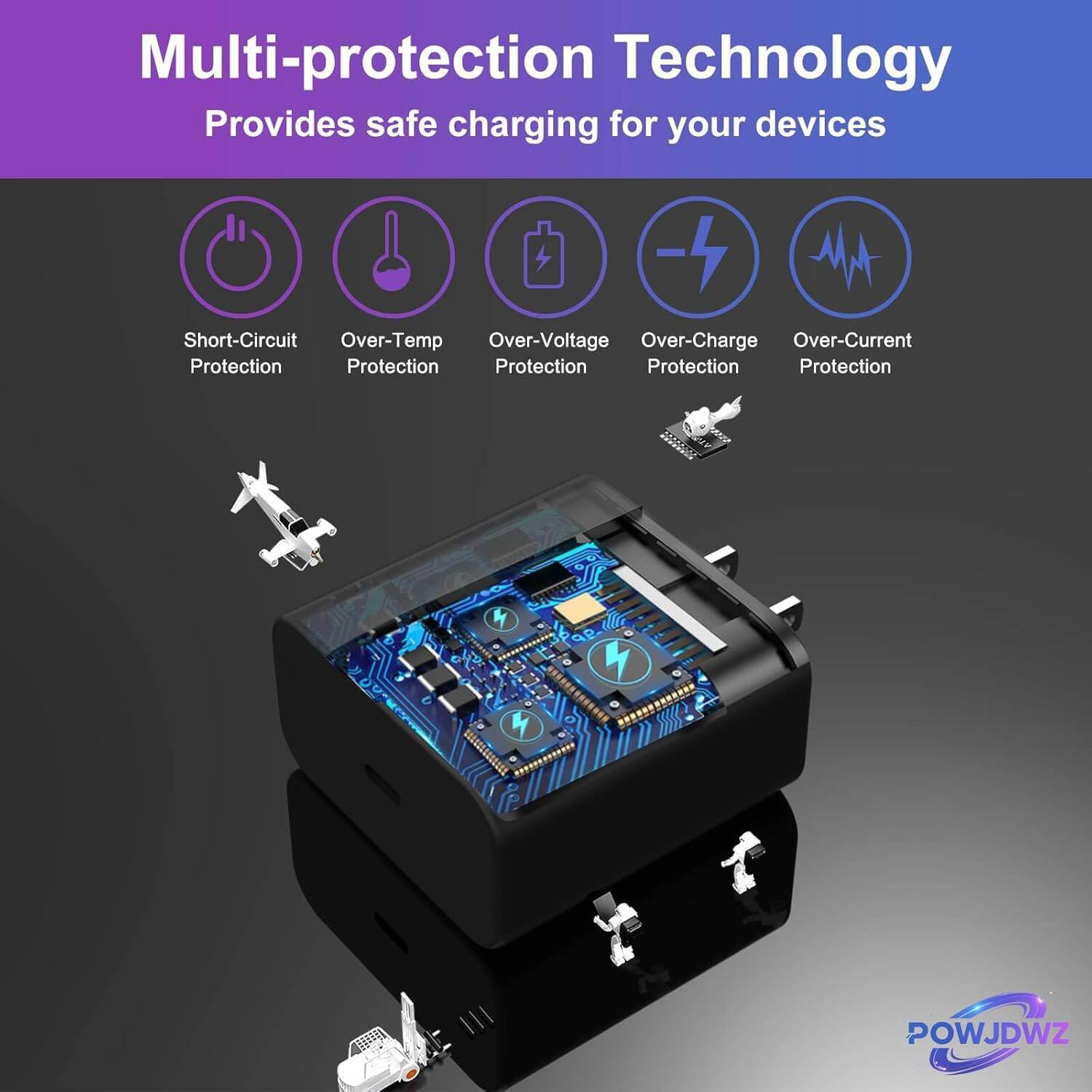 Multi-protection Technology Provides safe charging for your devices

- Short-Circuit Protection
- Over-Temp Protection
- Over-Voltage Protection
- Over-Charge Protection
- Over-Current Protection

POWJDWZ