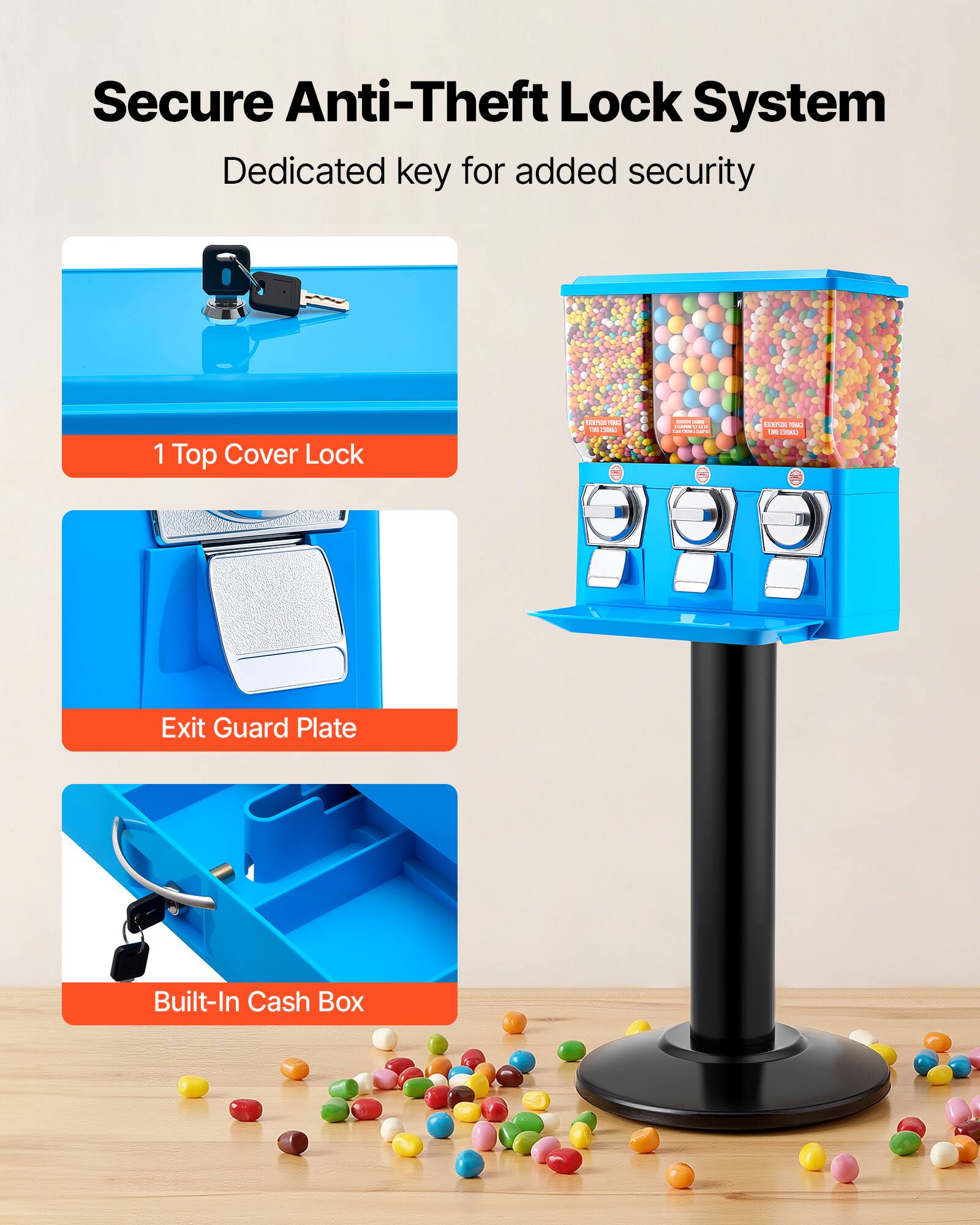 Secure Anti-Theft Lock System  
Dedicated key for added security  

1 Top Cover Lock  
Exit Guard Plate  
Built-In Cash Box