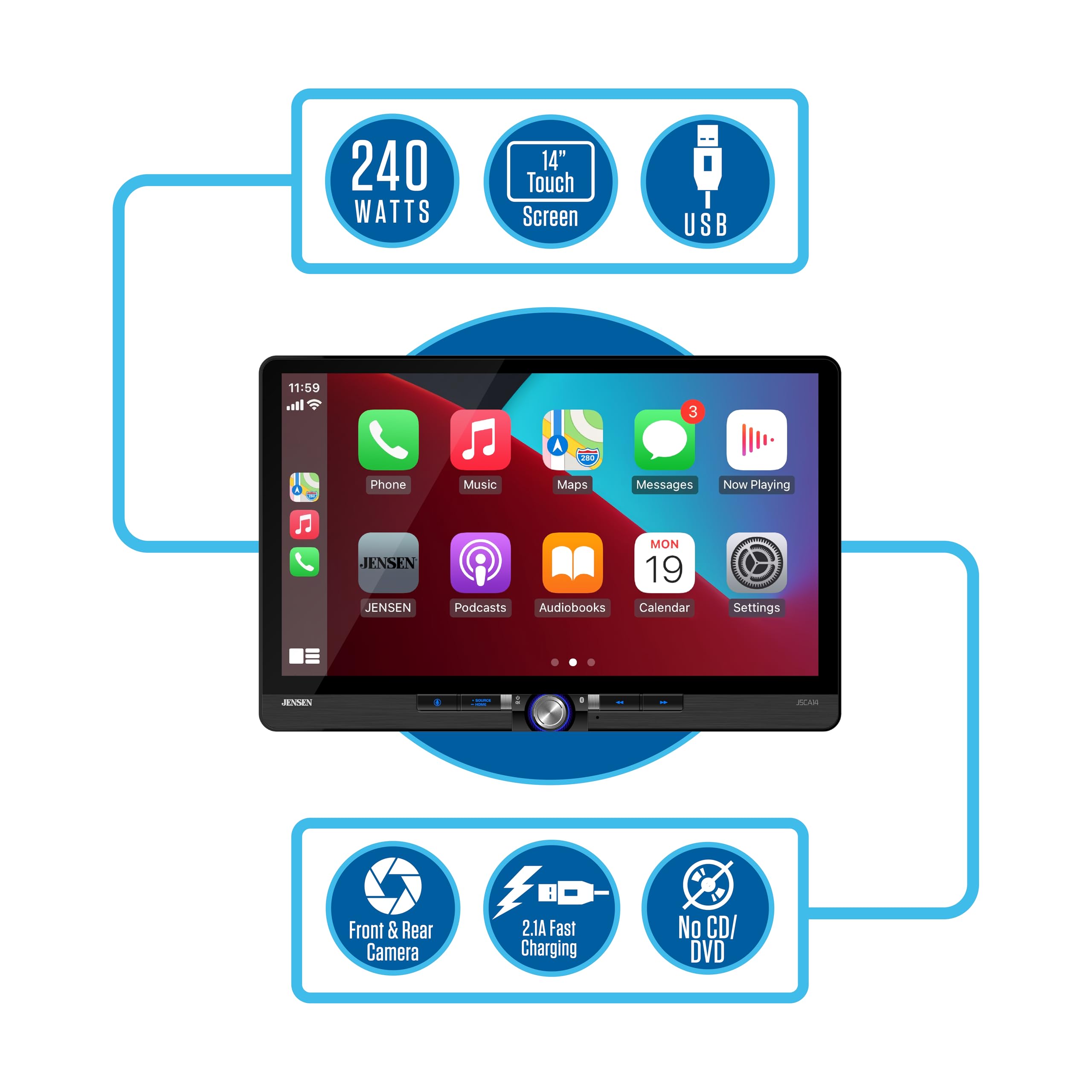 240 WATTS, 14" Touch Screen, USB, Phone, Music, Maps, Messages, Now Playing, JENSEN, JENSEN, MON, 19, Podcasts, Audiobooks, Calendar, Settings, Front & Rear Camera, 2.1A Fast Charging, No CD/ DVD