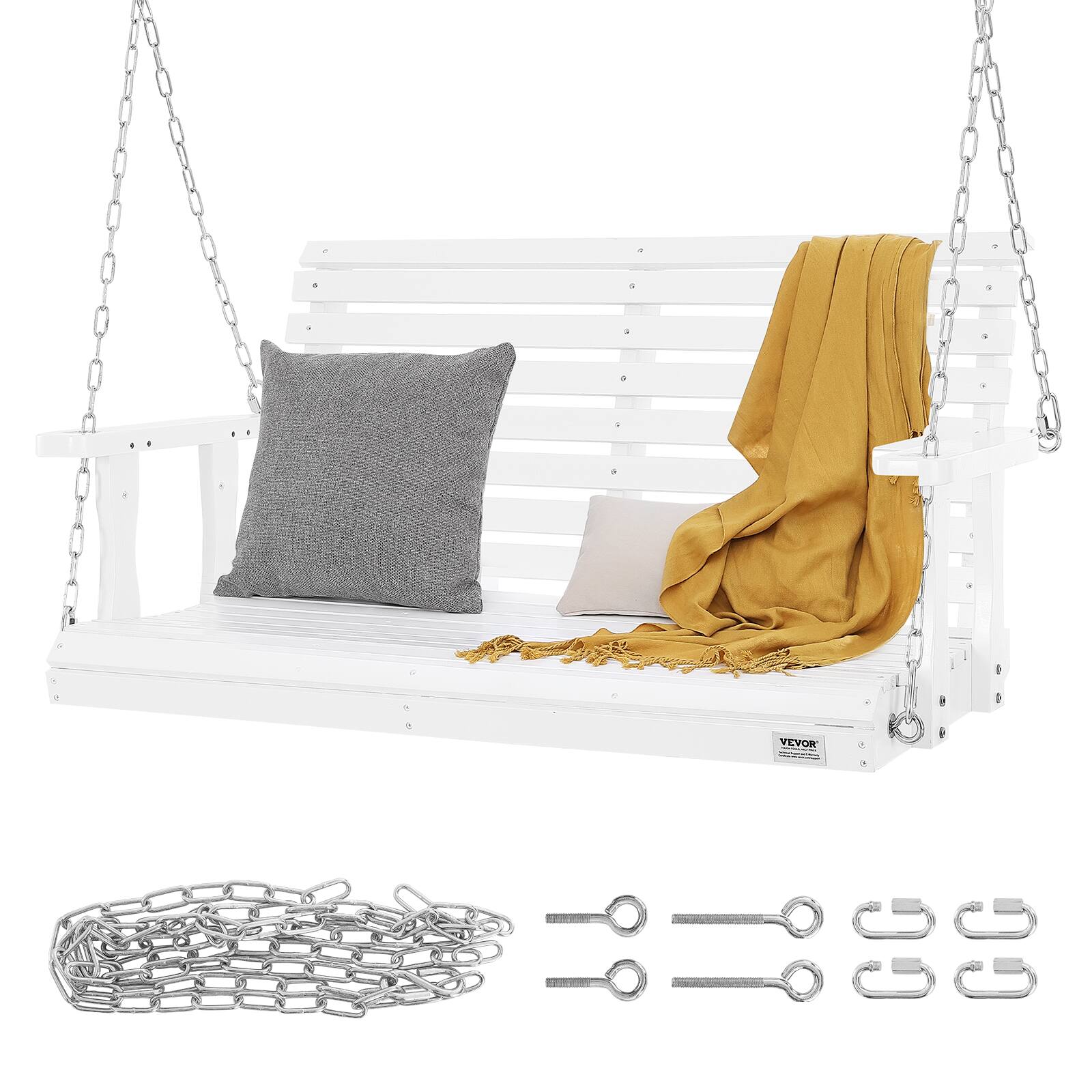 Alt View 5. VEVOR - Wooden Porch Swing 4 ft, Patio bench swing for Courtyard & Garden, Upgraded 880 lbs Strong Load Capacity - White.