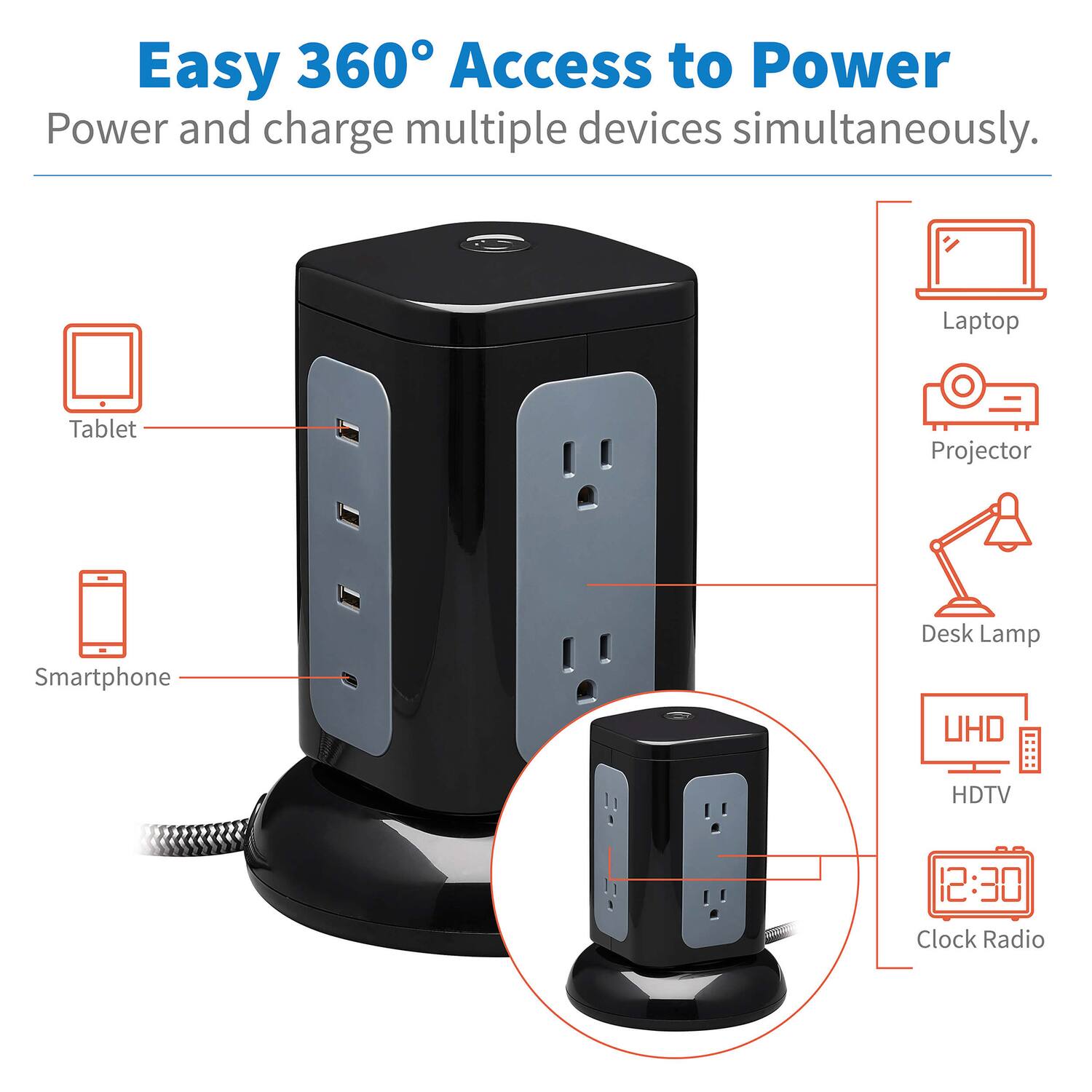 Easy 360° Access to Power  
Power and charge multiple devices simultaneously.  

- Tablet  
- Smartphone  
- Laptop  
- Projector  
- Desk Lamp  
- UHD HDTV  
- Clock Radio