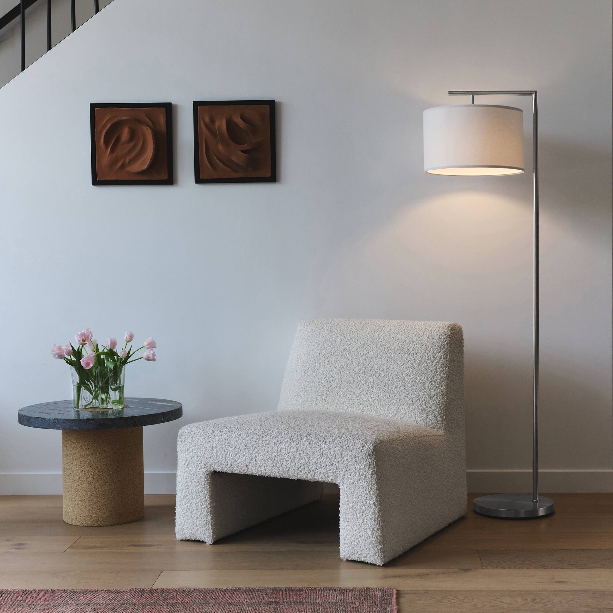 Alt View 4. Brightech - Montage Modern LED Midcentury Modern Arc Super Bright Floor Lamp with Ivory White Fabric Drum Shade - Brushed Satin Nickel.