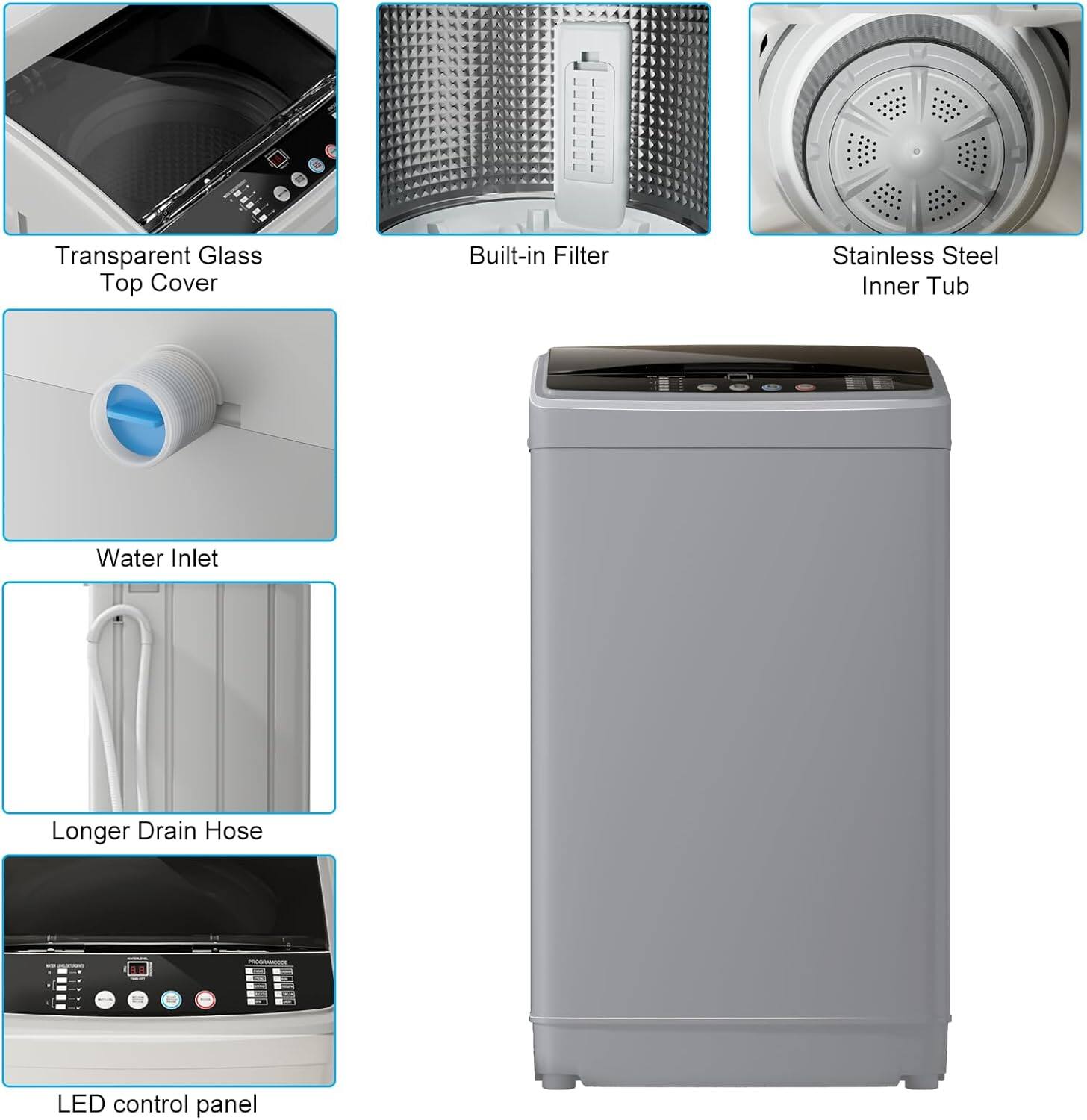 - Transparent Glass Top Cover
- Built-in Filter
- Stainless Steel Inner Tub
- Water Inlet
- Longer Drain Hose
- LED control panel