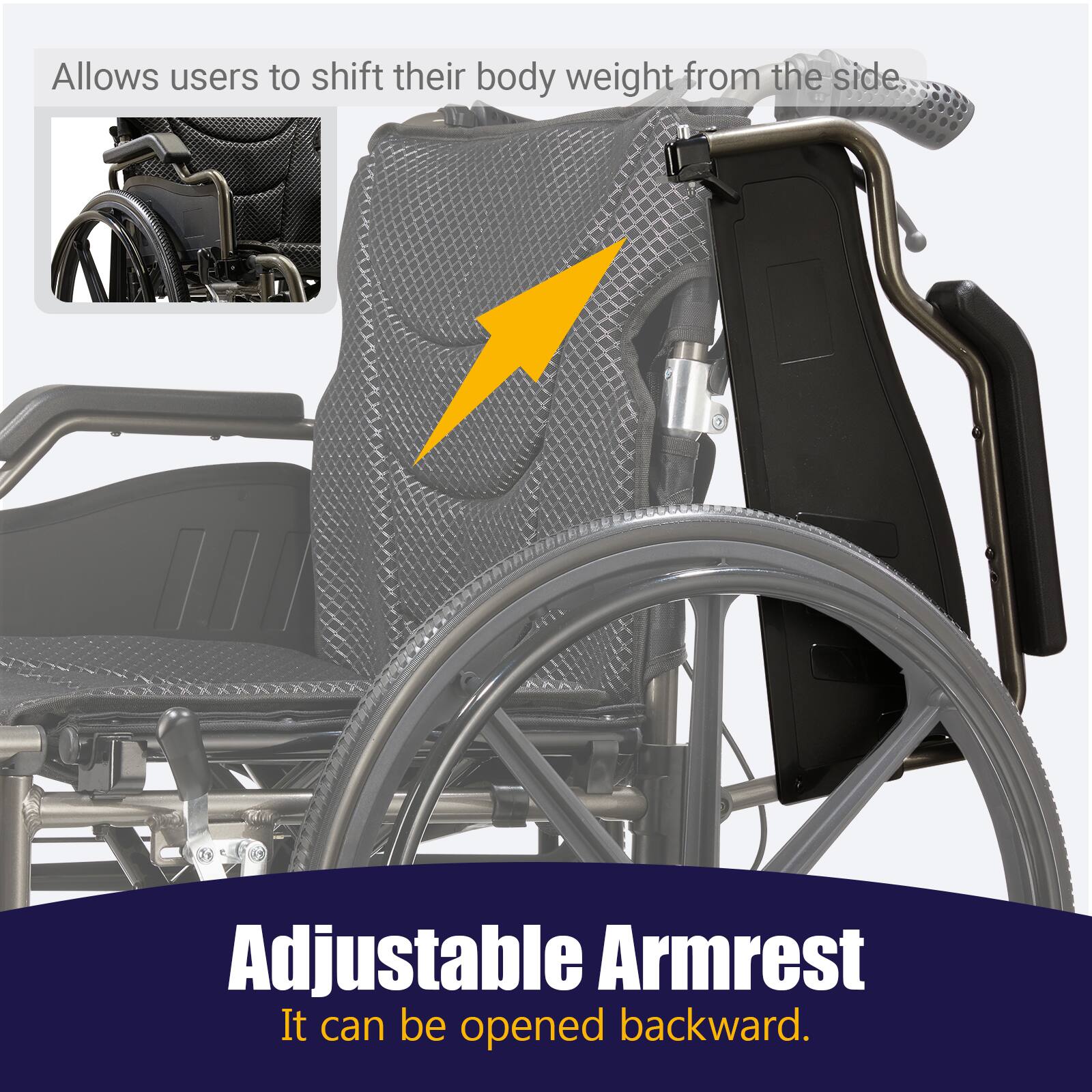 Adjustable Armrest  
It can be opened backward.  

Allows users to shift their body weight from the side.