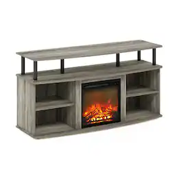 Furinno - Jensen Open Shelving Storage Fireplace Entertainment Center for TV up to 55 Inch - French Oak Grey/Black