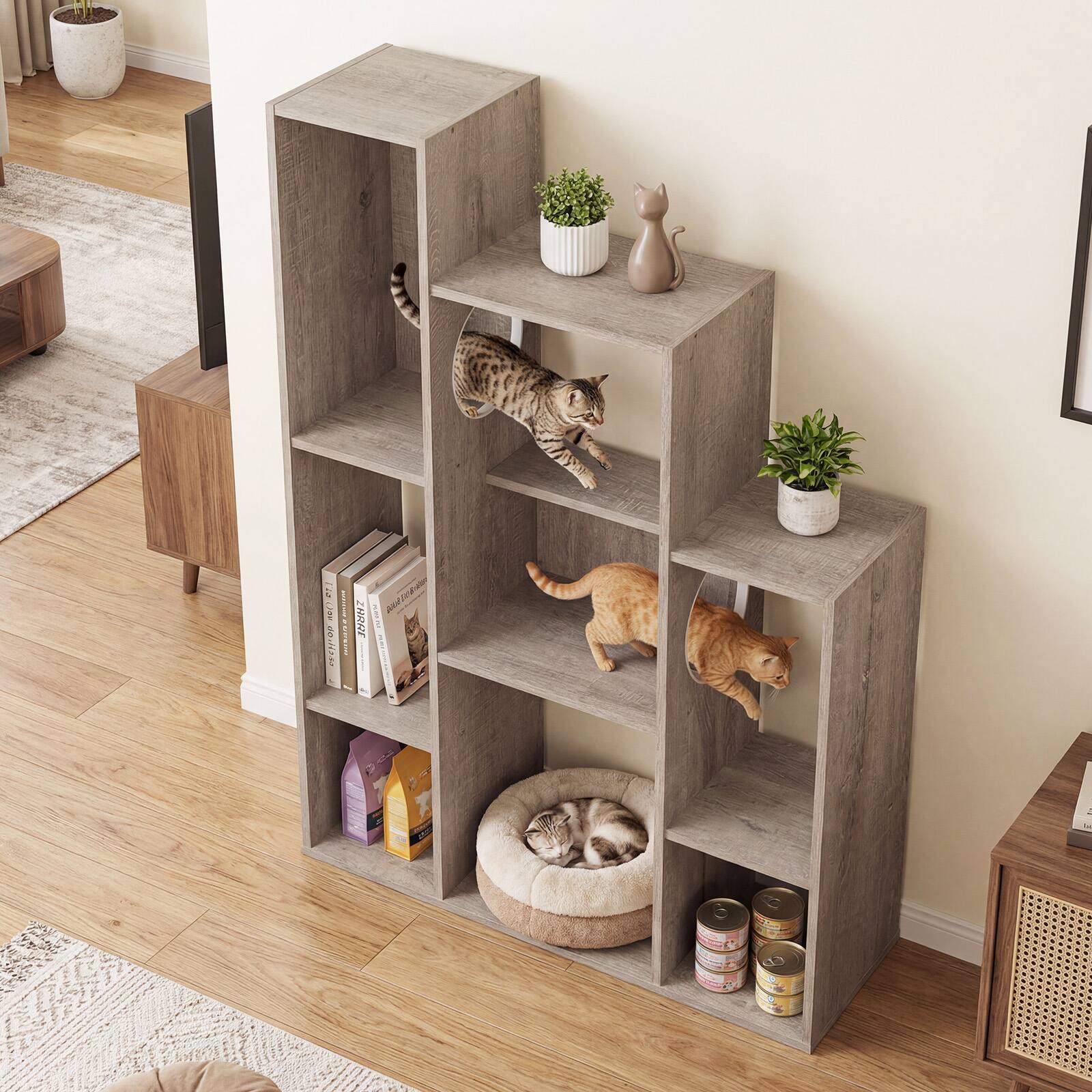 Alt View 1. Gymax - Gymax Modern Cat Bookshelf w/ 2 Round Holes Anti-Tipping Device for Living Room Gray Oka - Gray.