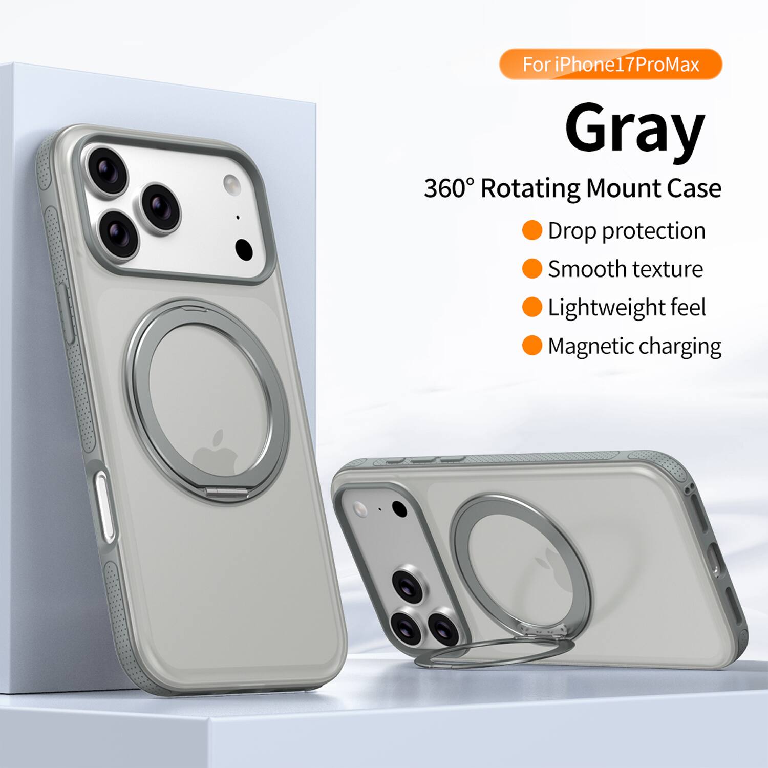 For iPhone 17 Pro Max  
Gray  
360° Rotating Mount Case  
- Drop protection  
- Smooth texture  
- Lightweight feel  
- Magnetic charging