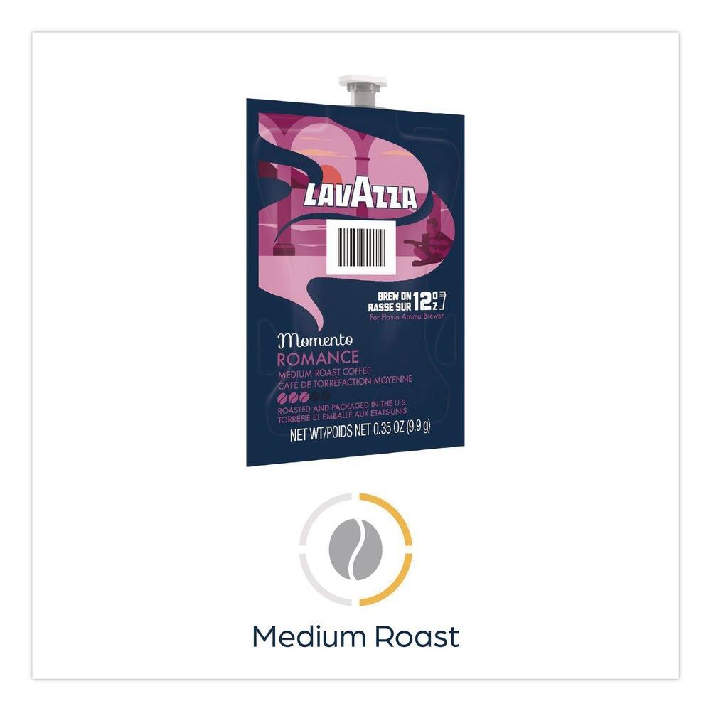 LAVAZZA BREW ON 122  
For Flavia Aroma Brewer  
Momento ROMANCE  
MEDIUM ROAST COFFEE  
CAFÉ DE TORREFACTION MOYENNE  
ROASTED AND PACKAGED IN THE U.S.  
TORRÉFI ET EMBALLÉ AUX ÉTATS-UNIS  
NET WT/POIDS NET 0.35 OZ (9.9g)  
Medium Roast