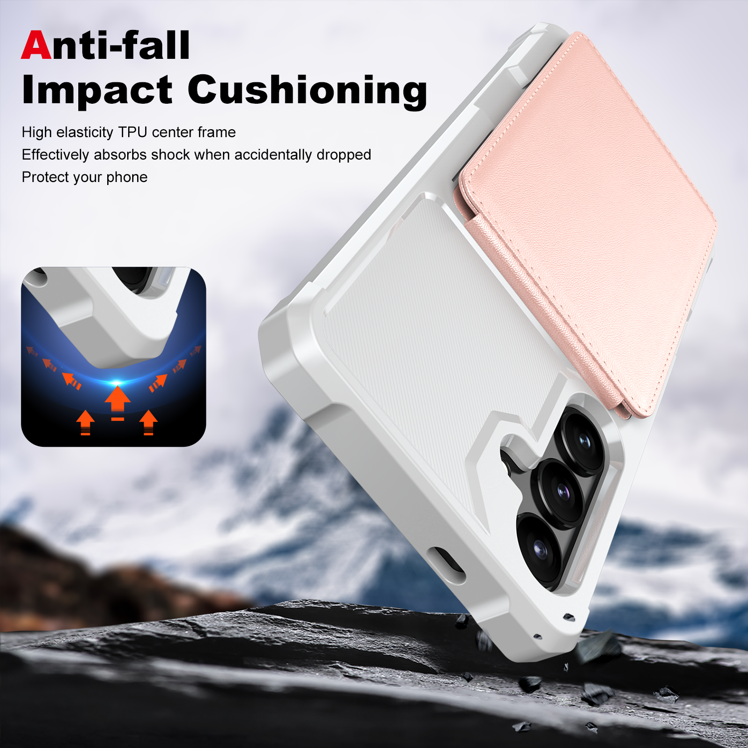 Anti-fall Impact Cushioning

High elasticity TPU center frame
Effectively absorbs shock when accidentally dropped
Protect your phone