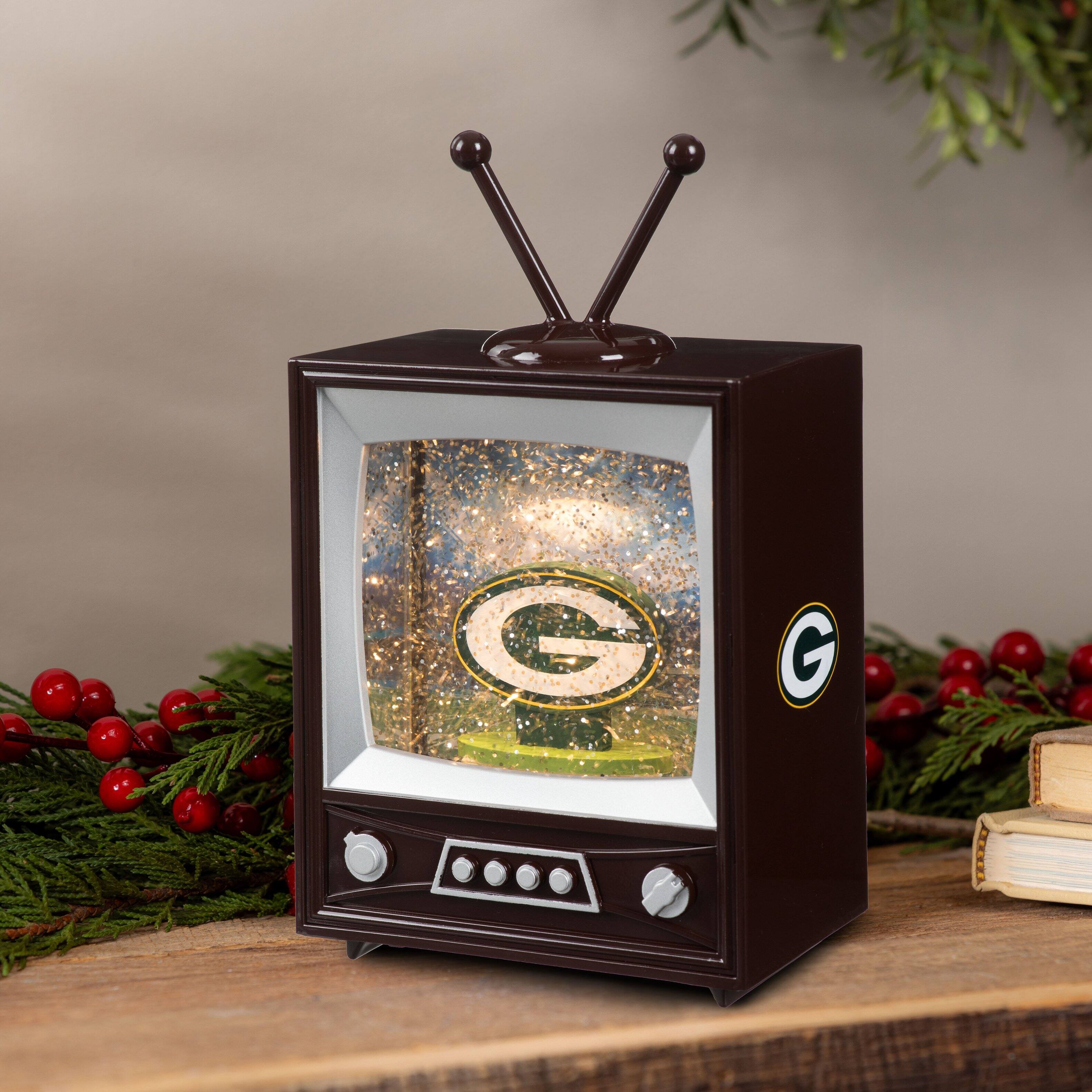 Alt View 1. Evergreen Enterprises - Green Bay Packers 8" Vintage TV Water Globe Lantern with Mascot - Brown.