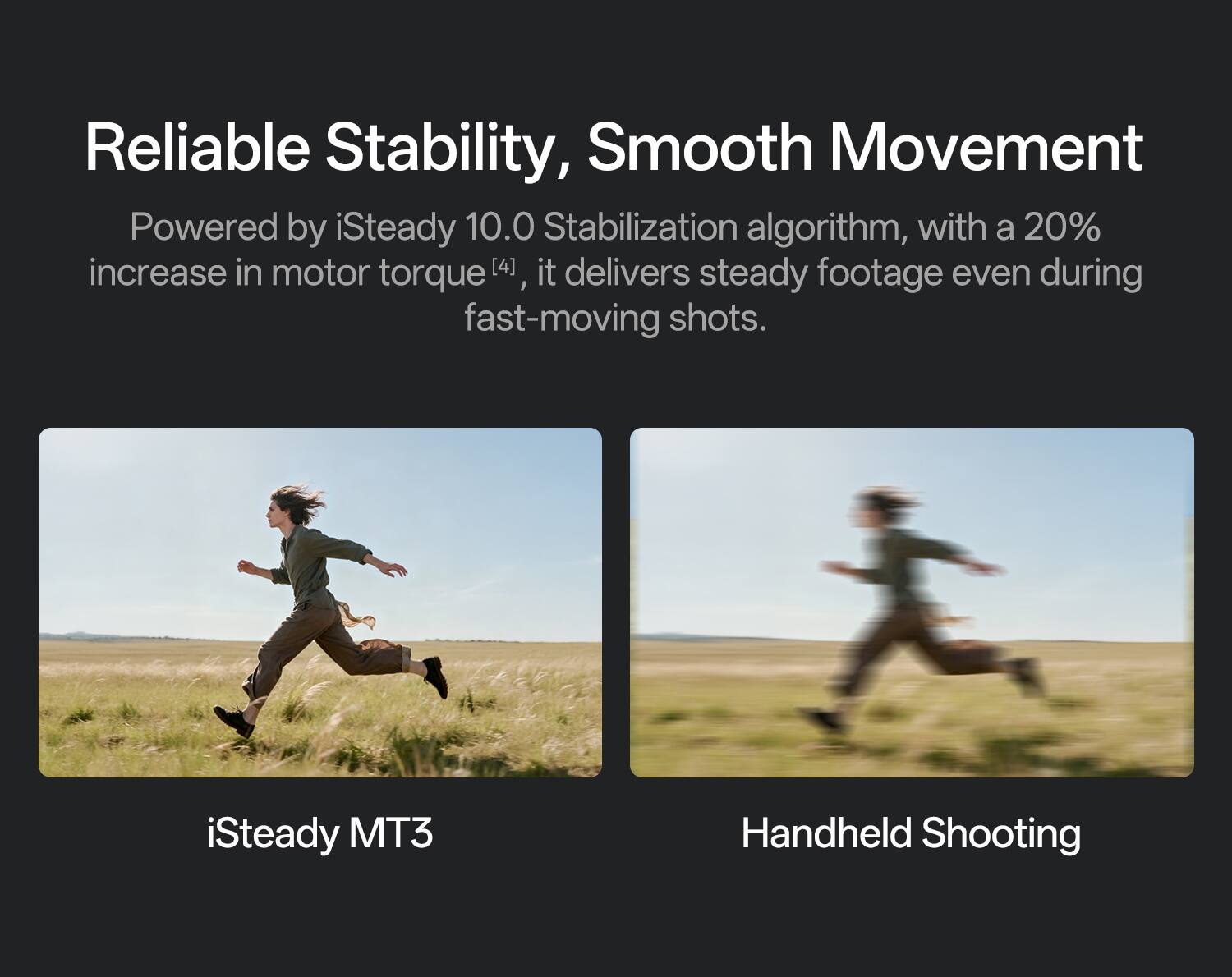Reliable Stability, Smooth Movement

Powered by iSteady 10.0 Stabilization algorithm, with a 20% increase in motor torque [4], it delivers steady footage even during fast-moving shots.

iSteady MT3 Handheld Shooting