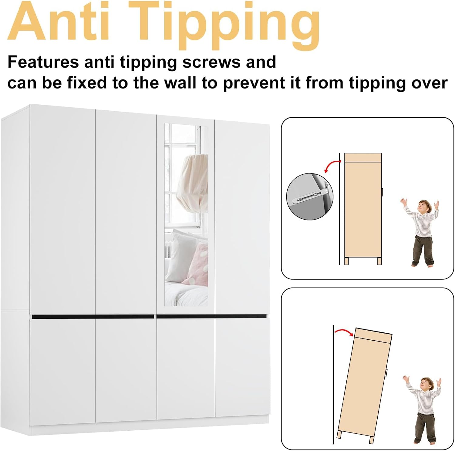 Anti Tipping Features anti tipping screws and can be fixed to the wall to prevent it from tipping over
