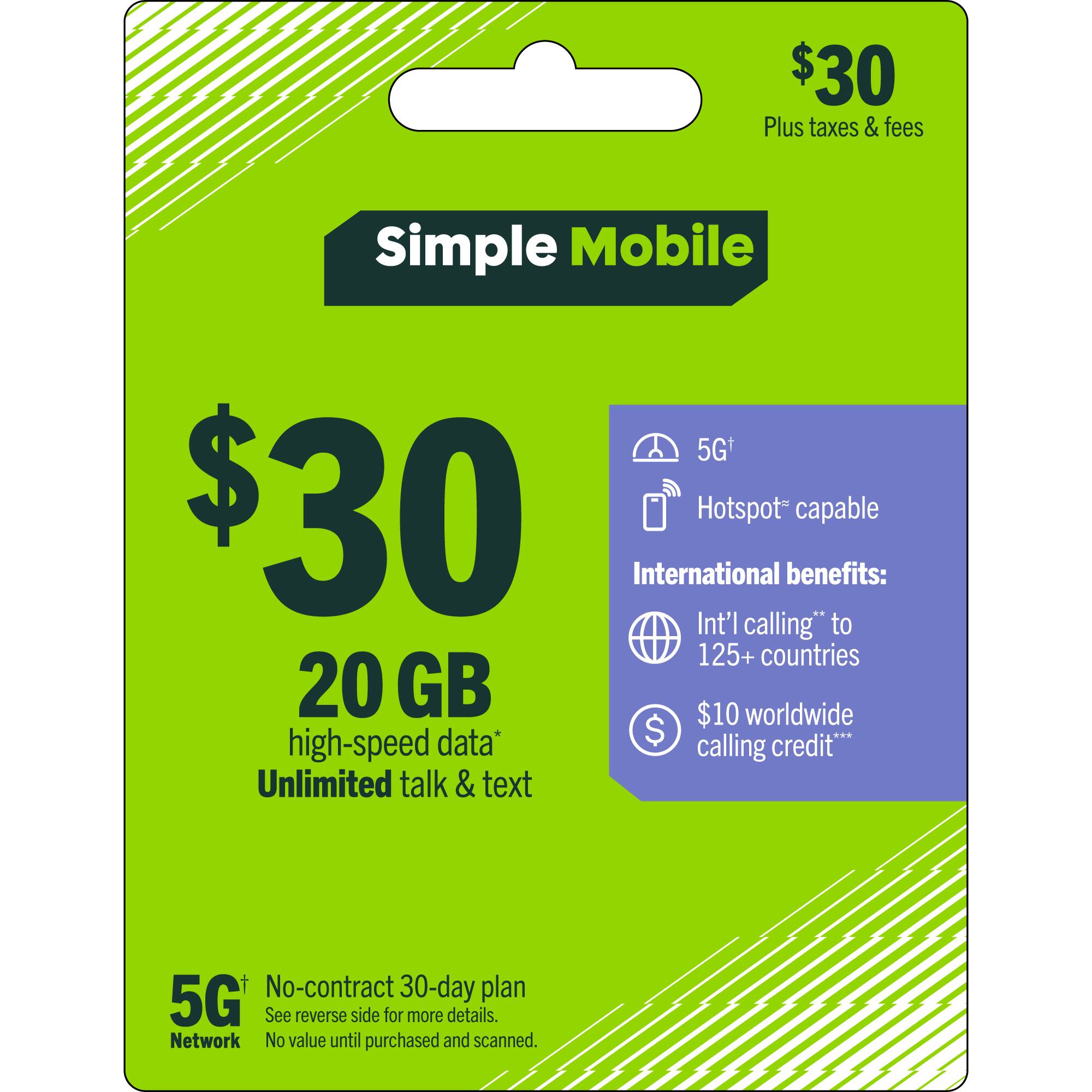 Simple Mobile - $30 Unlimited Talk & Text 30-Day Plan (Email Delivery) [Digital]