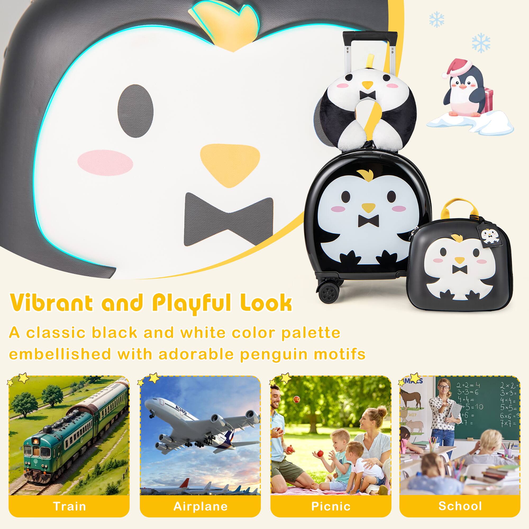 Vibrant and Playful Look  
A classic black and white color palette embellished with adorable penguin motifs  

Train  
Airplane  
Picnic  
School