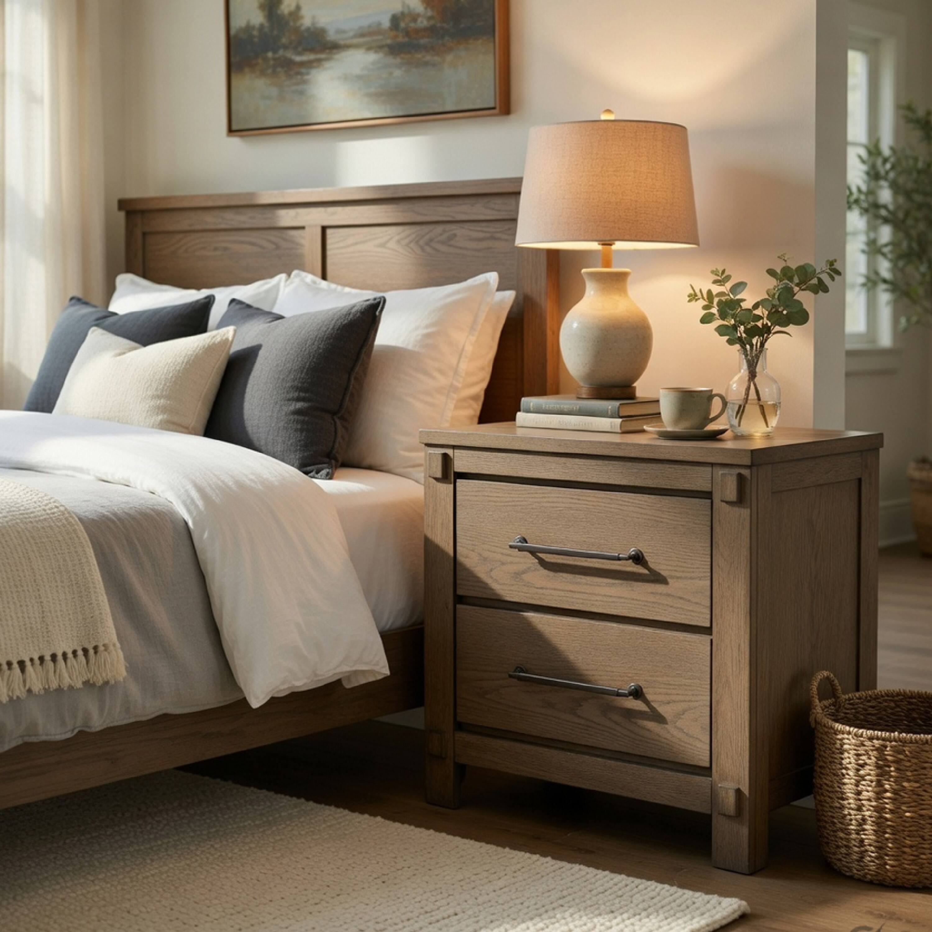 Alt View 5. Manhattan Lane - Cera Nightstand, 2 Drawers Handles, Tone Wood - Antique White Oak, Bronze.