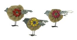 Zeckos - Metal and Burlap Rustic Flower Bird Sculptures Set of 3 - Multicolored