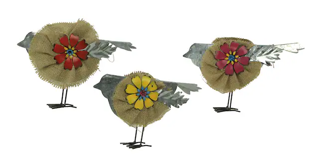 Front. Zeckos - Metal and Burlap Rustic Flower Bird Sculptures Set of 3 - Multicolored.