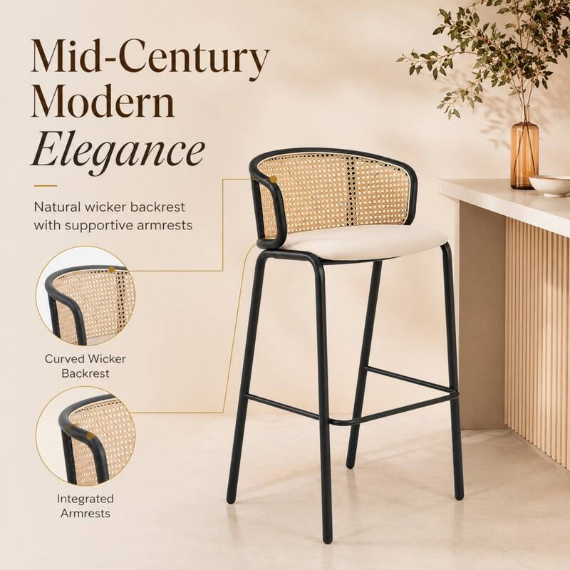 LeisureMod Ervilla Mid Century Modern Wicker Bar Stool, Fabric Seat ...