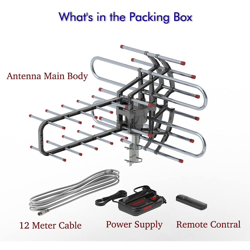 What's in the Packing Box

- Antenna Main Body
- 12 Meter Cable
- Power Supply
- Remote Control
