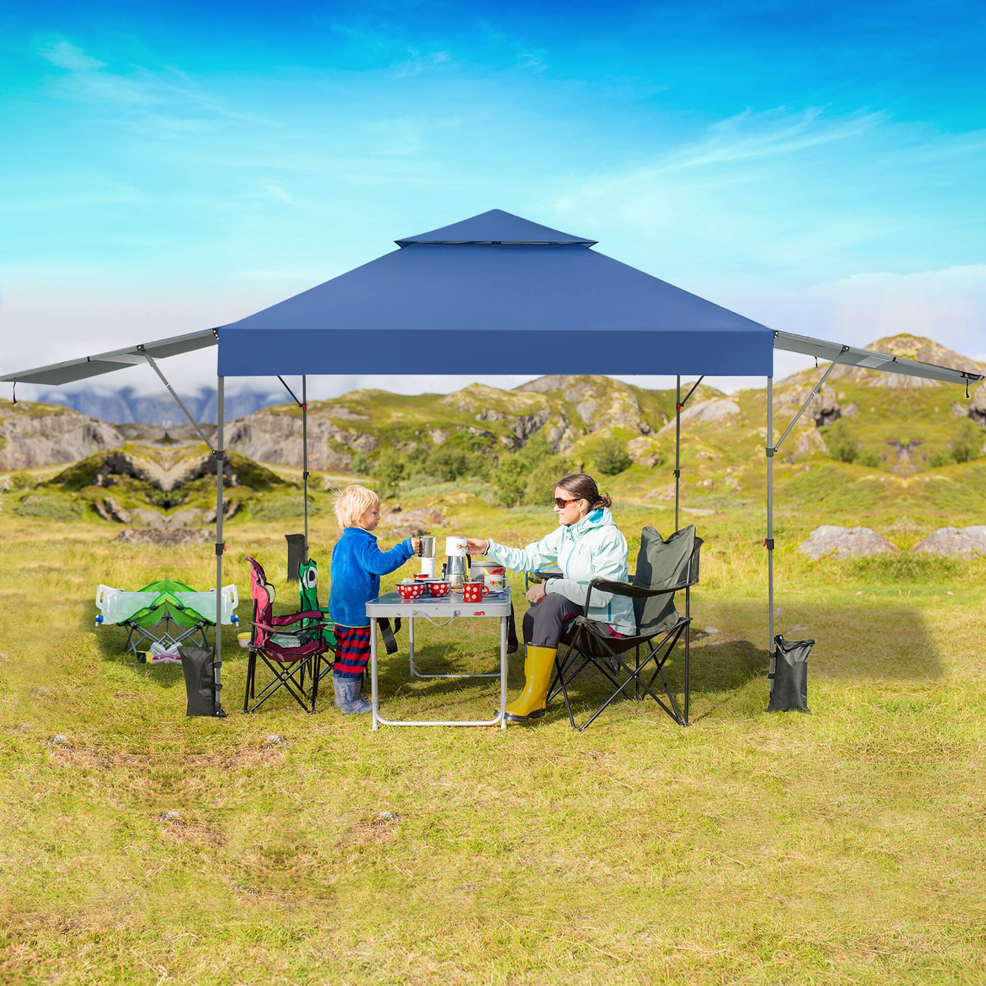 Alt View 1. Costway - Costway 10'x17.6'Outdoor Instant Pop-up Canopy Tent Dual Half Awnings Adjust Patio - Blue.