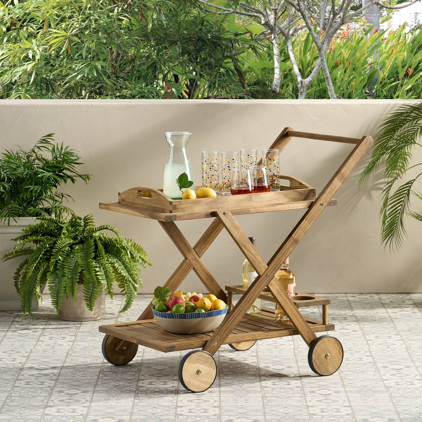 Angle. Spaco - Spaco 35.5" Bar Cart, Mobile Serving Cart with Wheels, Acacia Wood, Natural Finish, Entertainment Storage - Natural Stained.