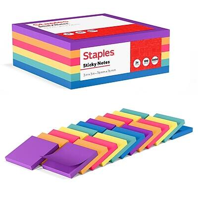 Staples - Sticky Notes, 3" x 3", Sorbet Collection, 100 Sheets/Pad, 24 Pads/Pack (S-33BO24) - Assorted Bold