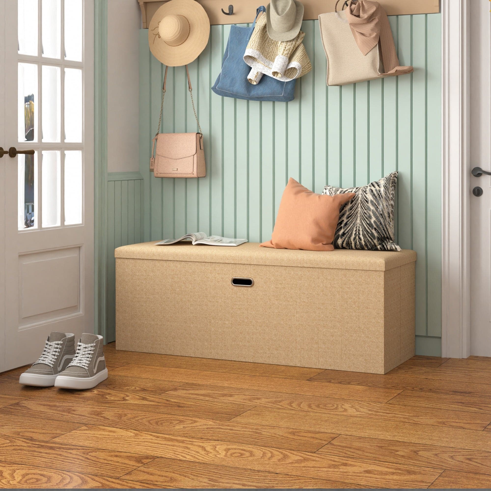 Vecelo - 43" Storage Ottoman Bench with Lid, Folding Ottoman Bench, Linen Storage Bench for Bedroom Living Room - Beige