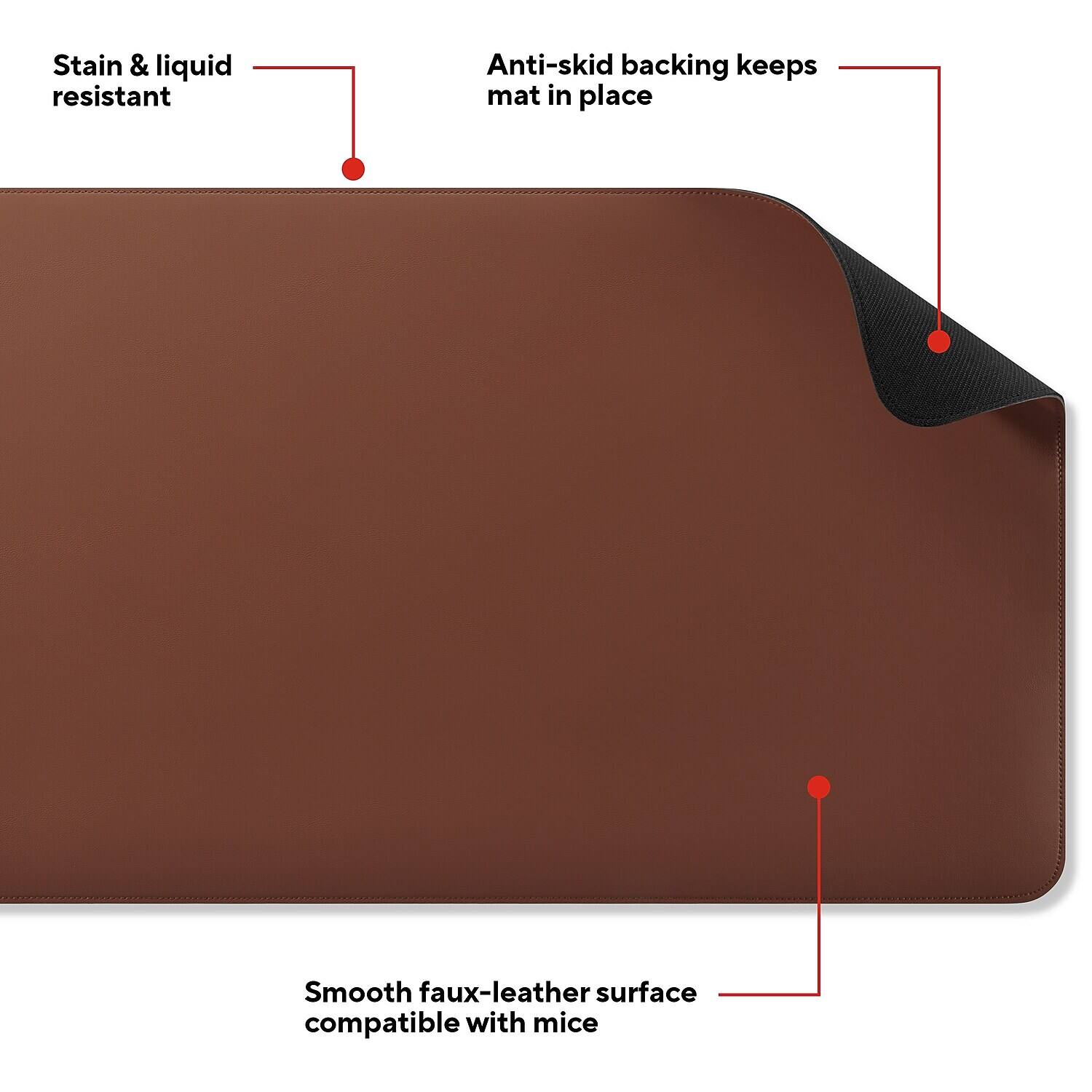 - Stain & liquid resistant
- Anti-skid backing keeps mat in place
- Smooth faux-leather surface compatible with mice