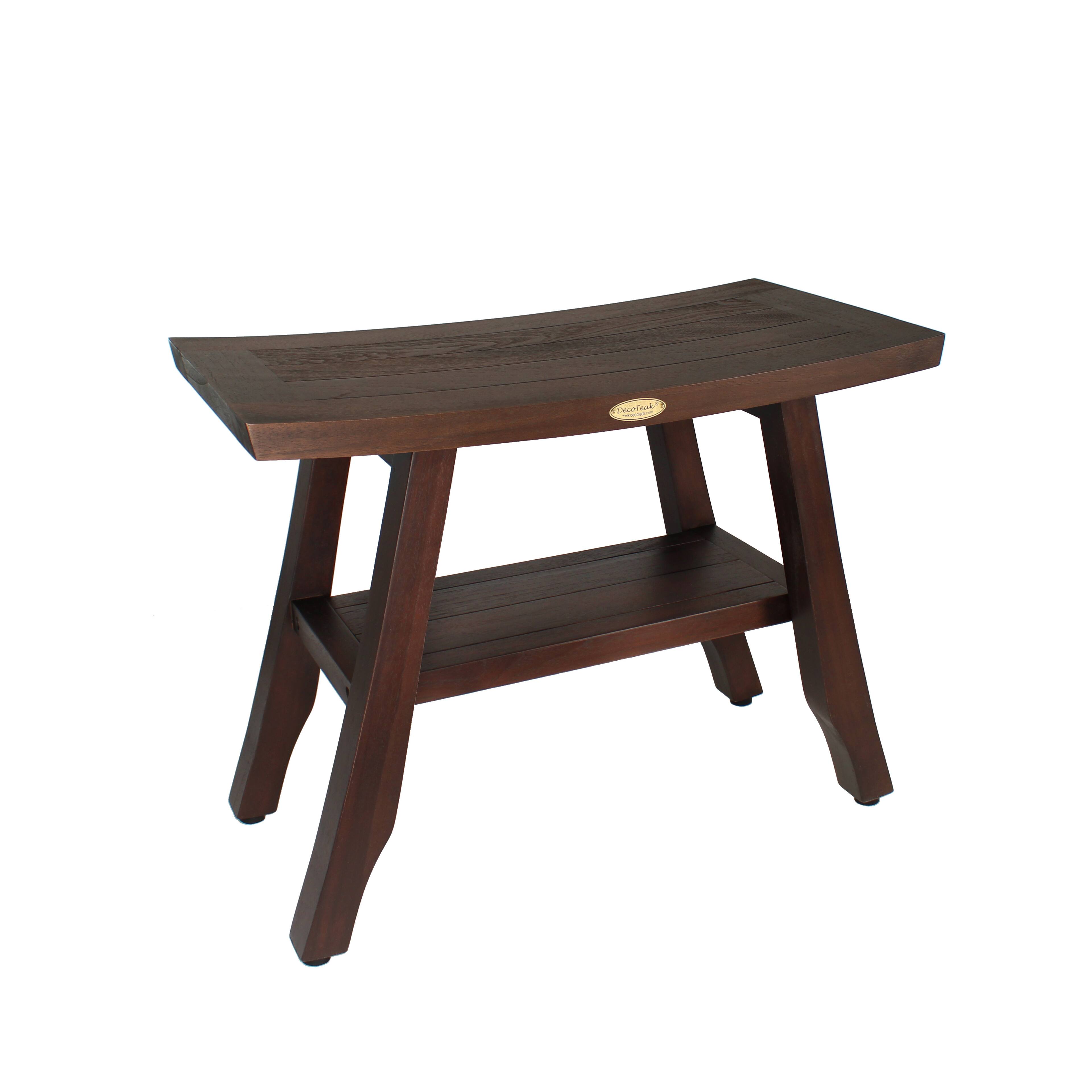Left. DecoTeak - DecoTeak® Satori® 24" Teak Wood Shower Bench with Shelf in Woodland Brown Finish - Woodland Brown.