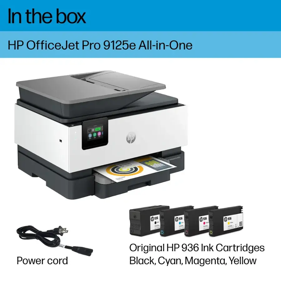 In the box, you will find an HP OfficeJet Pro 9125e All-in-One printer, along with a power cord and original HP 936 ink cartridges in black, cyan, magenta, and yellow.