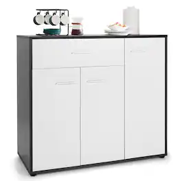 Gymax - 3-Door Buffet Sideboard Kitchen Storage Cabinet Console Cupboard w/Drawer - Dark Grey & White