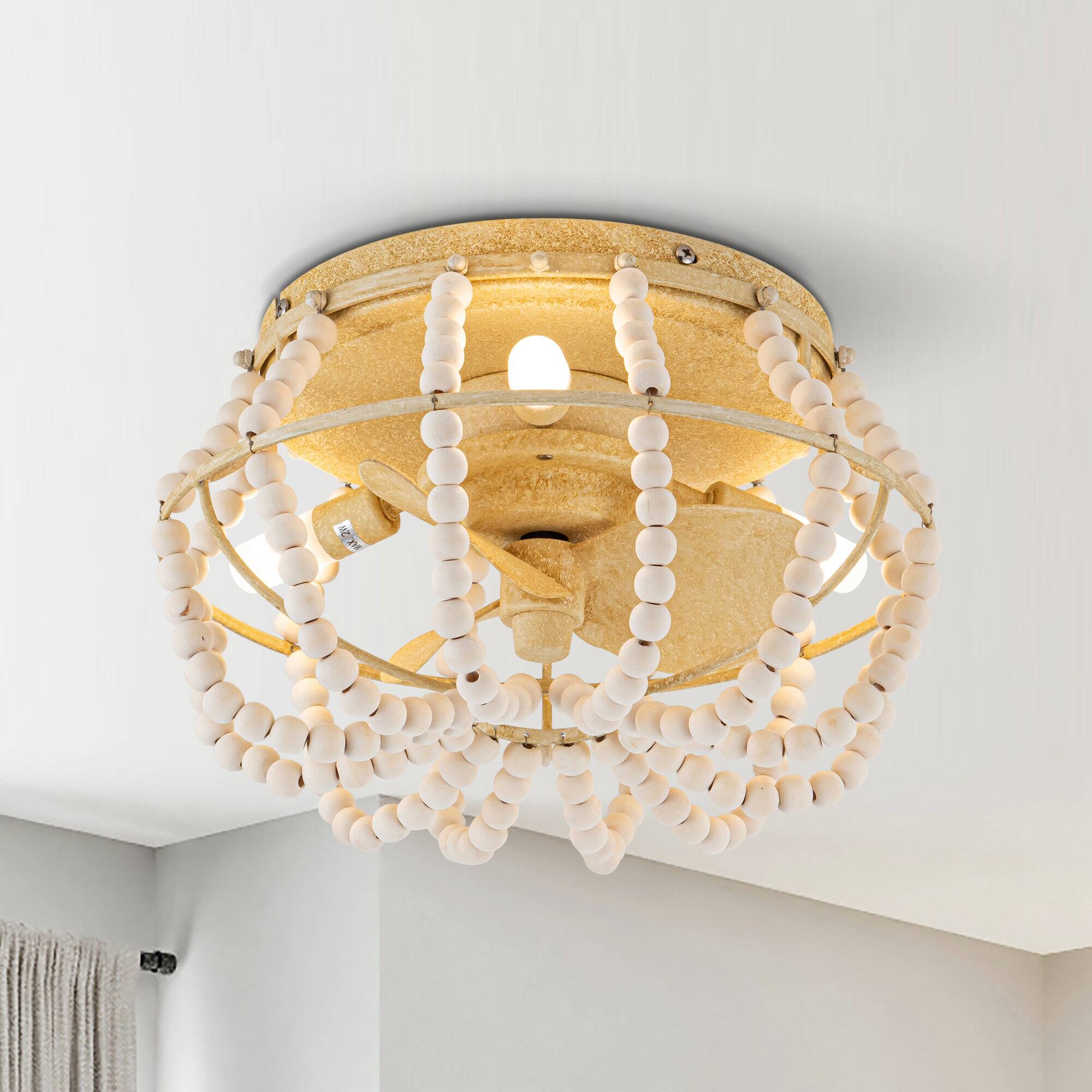 Angle. Parrot Uncle - 13" Bohemian 3-Light Flush Mount Ceiling Fan - Gold.