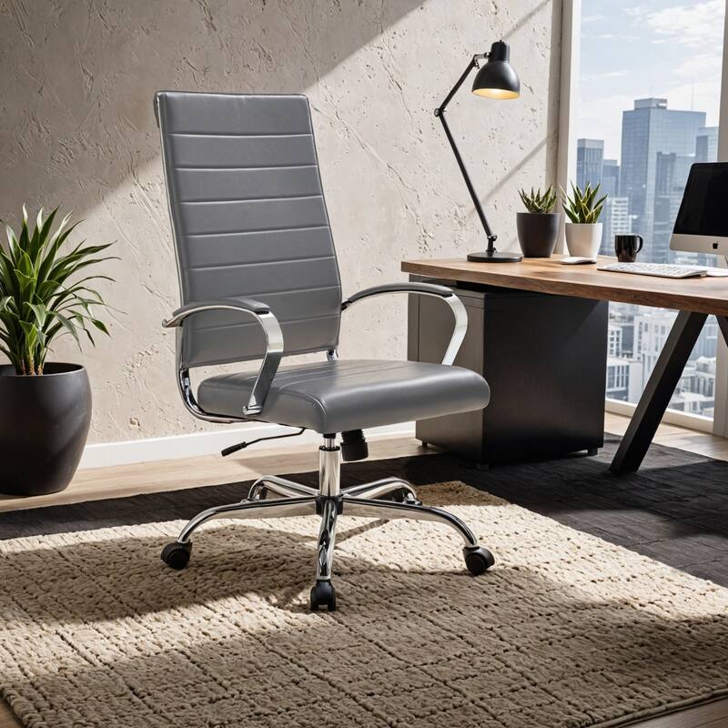 Angle. LeisureMod - Benmar Ergonomic Leather Office Chair with Ribbed Back, Adjustable Height, Tilt & 360° Swivel - Grey.